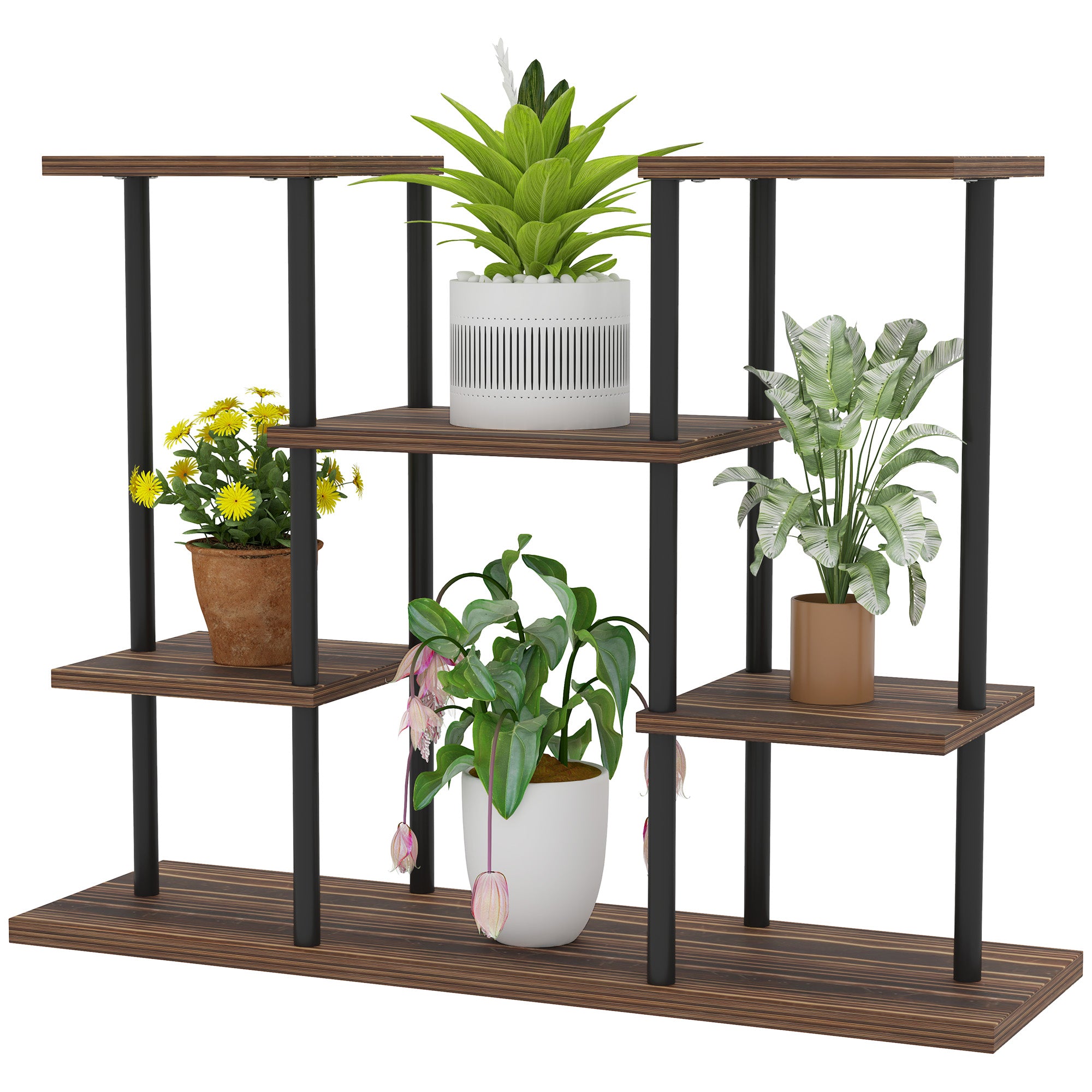 Outsunny Blumenständer mit 4 Ebenen, 4-stufiger Pflanzenständer, Blumentopfhalter für drinnen und draußen, Holz, Stahl