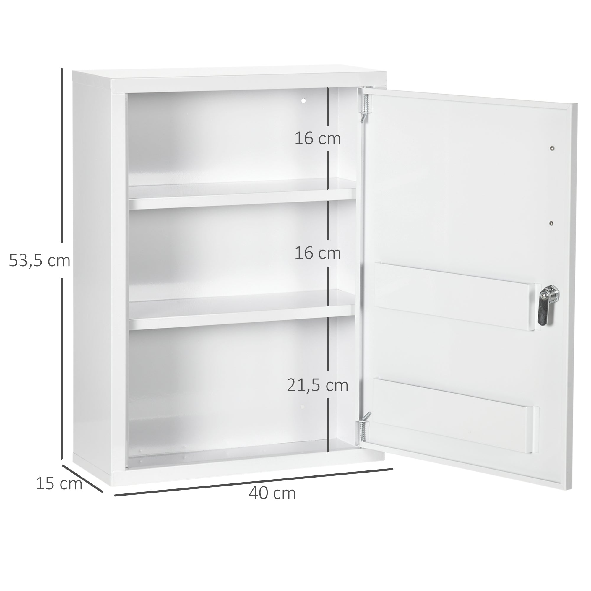 kleankin Medizinschrank, 3 Fächer, abschließbar, mit Rezeptfach, stabiles Stahlgehäuse, weiß, 40 x 15 x 53,5 cm