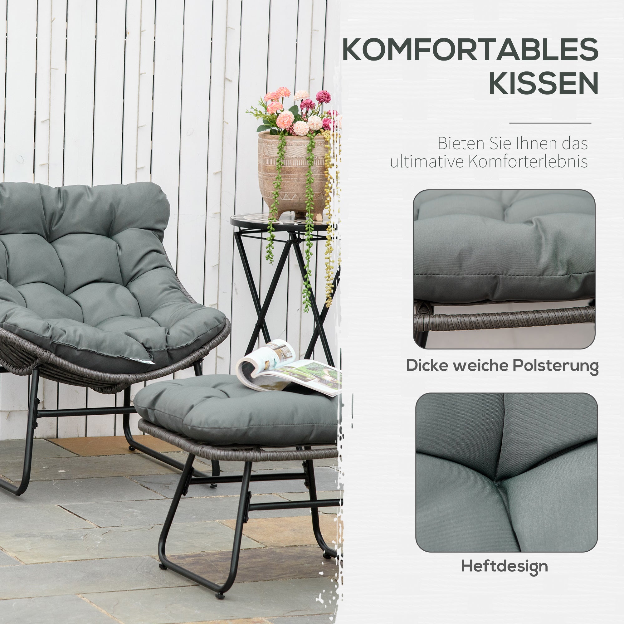 Outsunny Rattan Relaxsessel mit Fußhocker, Gartensessel mit dicke Kissen Outdoor Rattanstuhl Gartenstuhl für Garten, Balkon, Terrasse Grau