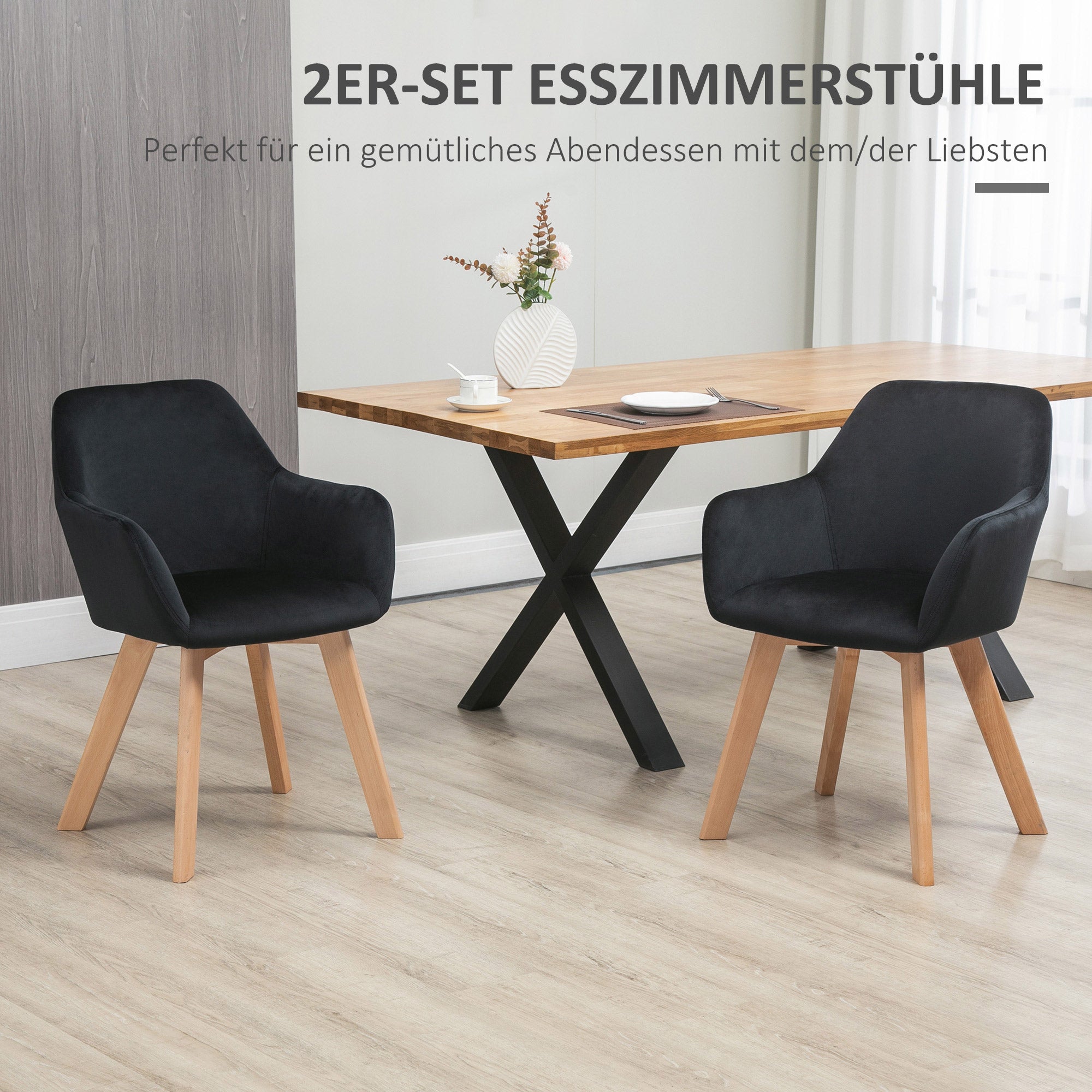 HOMCOM Esszimmerstühle, 2er-Set, modernes Design, Samtoptik, Kautschukbaumholz, 54x57x80 cm, Schwarz