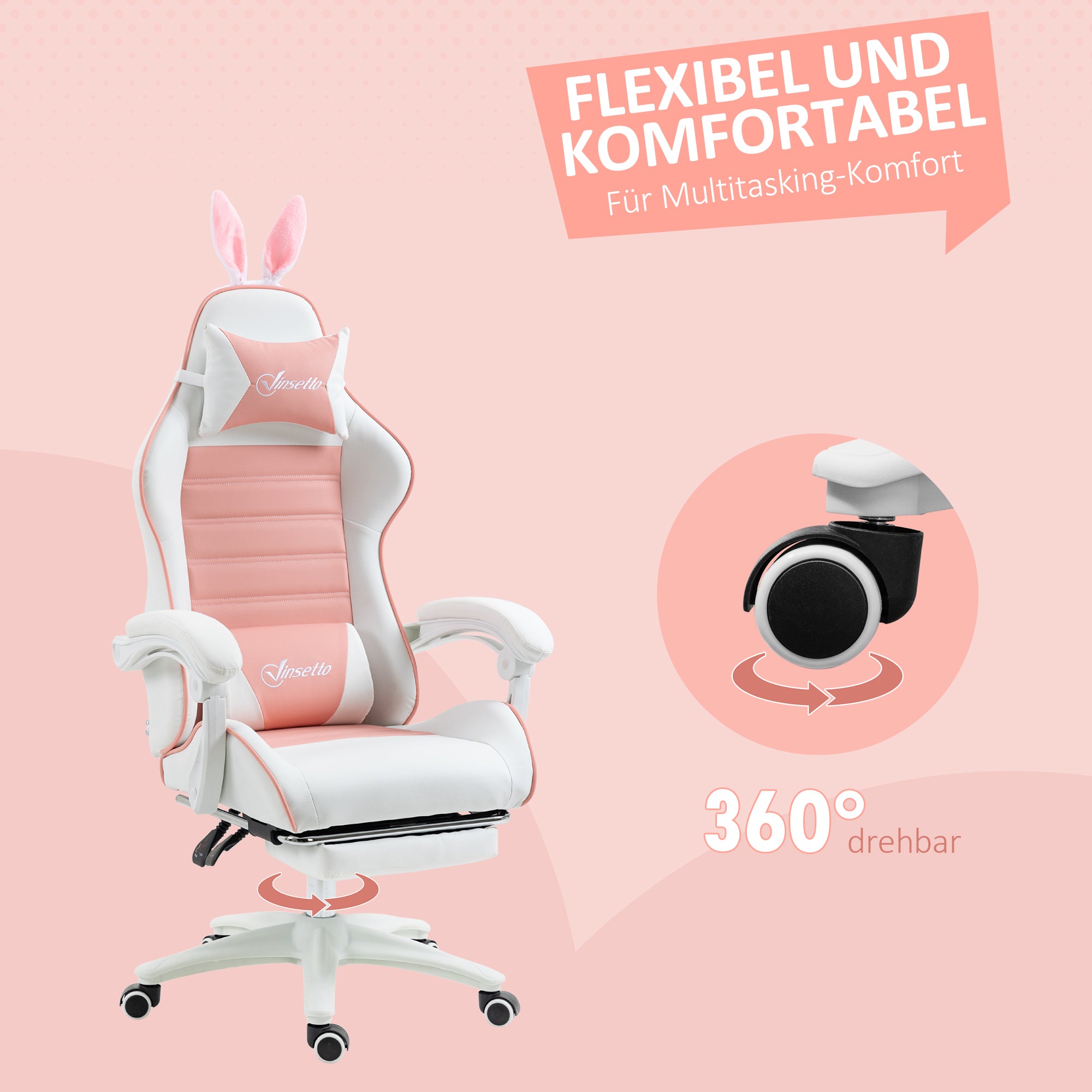 Vinsetto Gaming Stuhl Ergonomischer Gamer Stuhl mit Lendenwirbelstütze, Fußstütze Hasenohren Kopfkissen Rosa