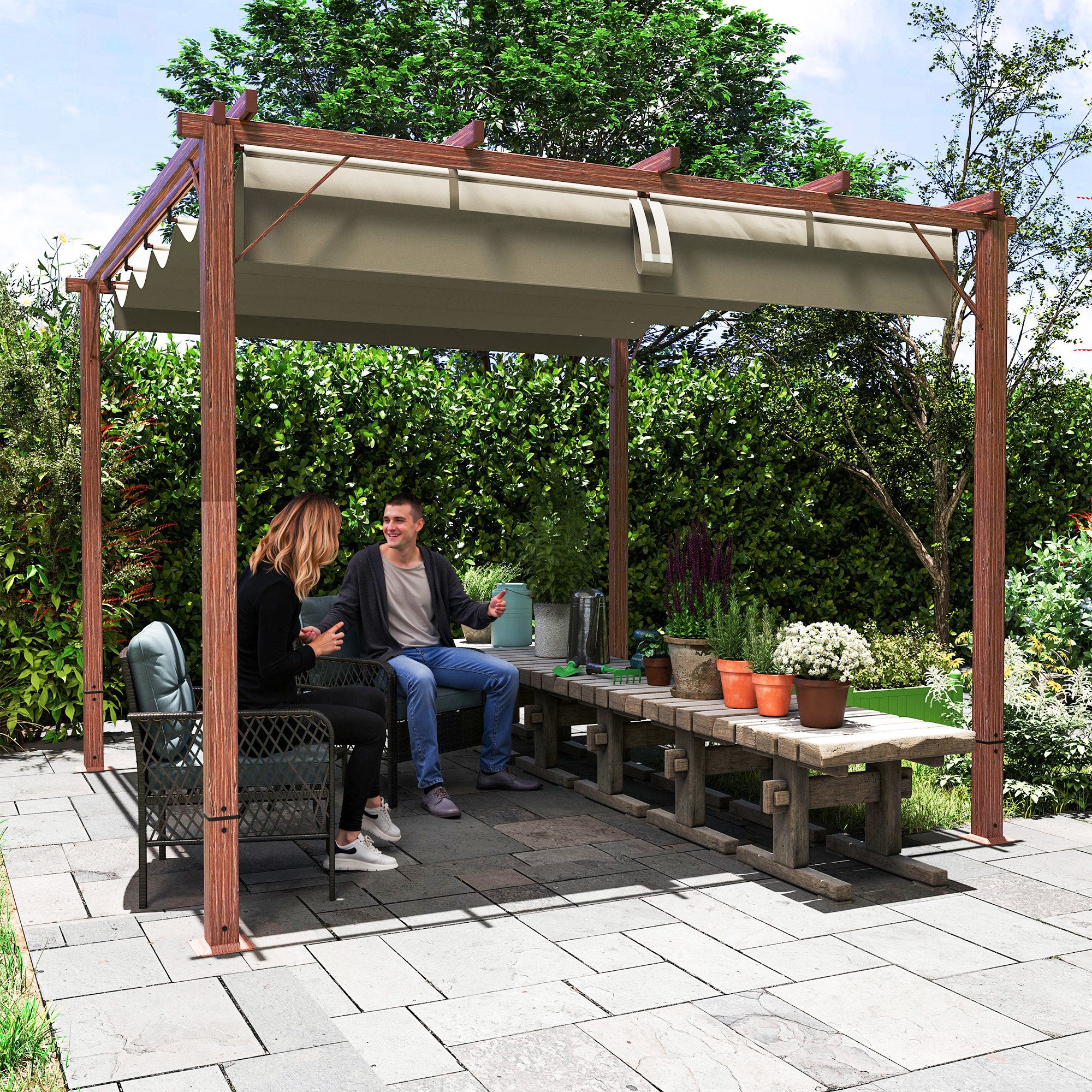 Outsunny 3 x 3 m Garten-Pergola, Verstellbares Terrassendach, Aluminium-Rahmen, UPF30+ Sonnenschutz, Naturholz
