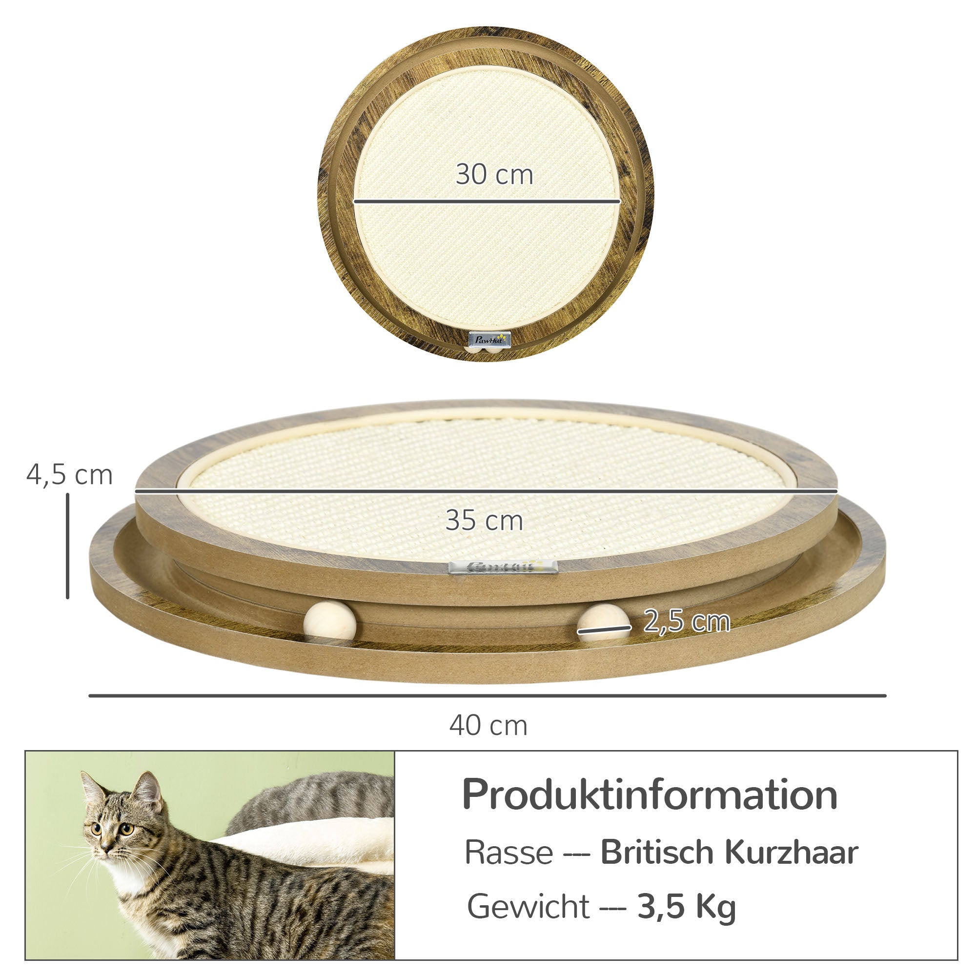 PawHut Kratzbrett inkl. Spielzeug, Kratzmatte, Katzenspielzeug, 40 cm x 40 cm x 4,5 cm, Natur