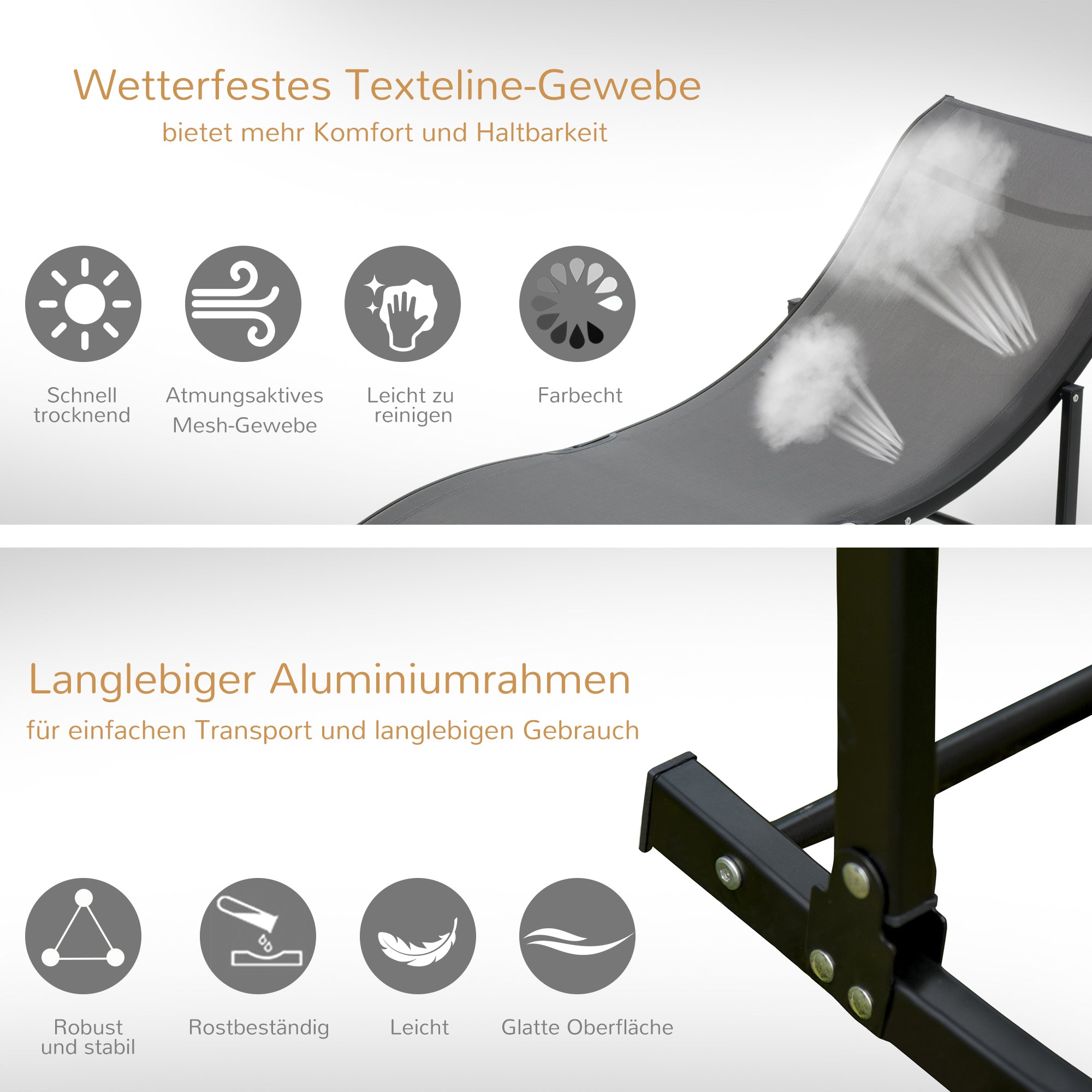 Outsunny 2er Set Sonnenliege Gartenliegen Stoffliege Relaxliege ergonomisch Aluminium Texteline Dunkelgrau 165 x 61 x 63 cm