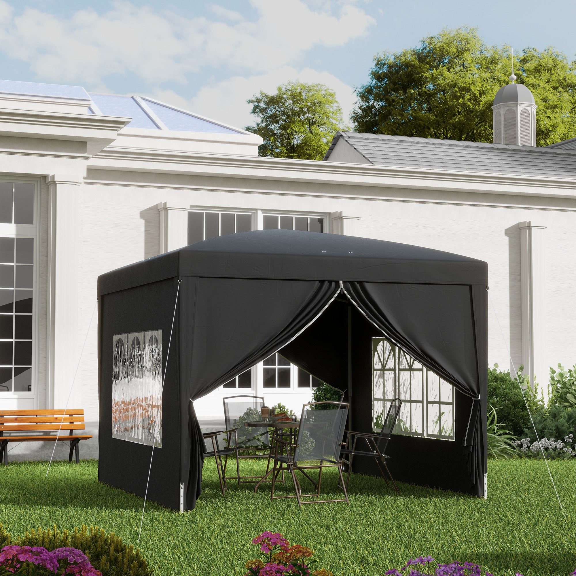 Outsunny 3 x 3 m Pavillon mit 4 Seitenwänden, Fenster, Festzelt mit UV-Schutz, Gartenzelt inkl. Tragetasche, Stahl, Schwarz