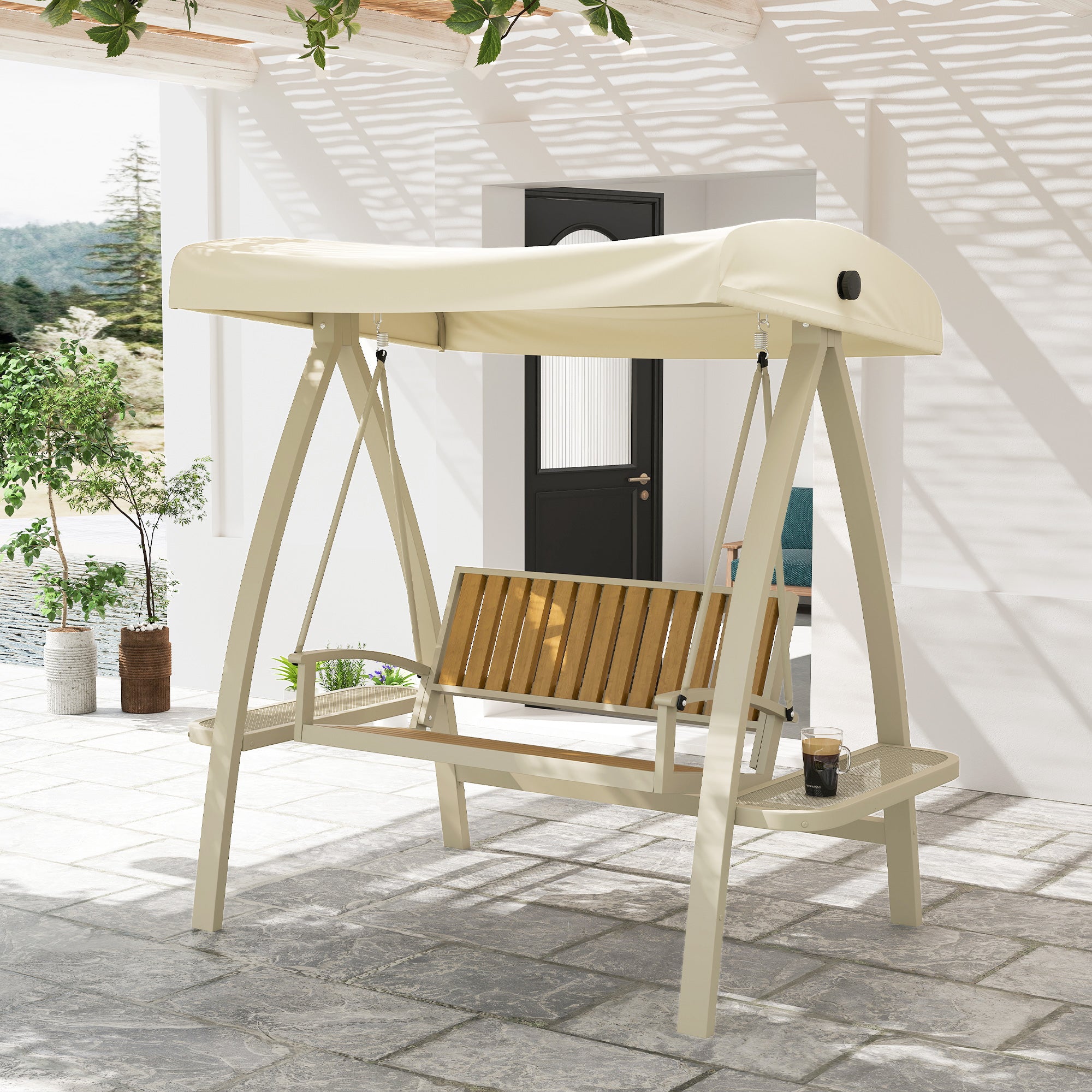 Outsunny Hollywoodschaukel 2-Sitzer Gartenschaukel mit verstellbarem Sonnendach, Seitentisch 200 x 120 x 190cm, Beige