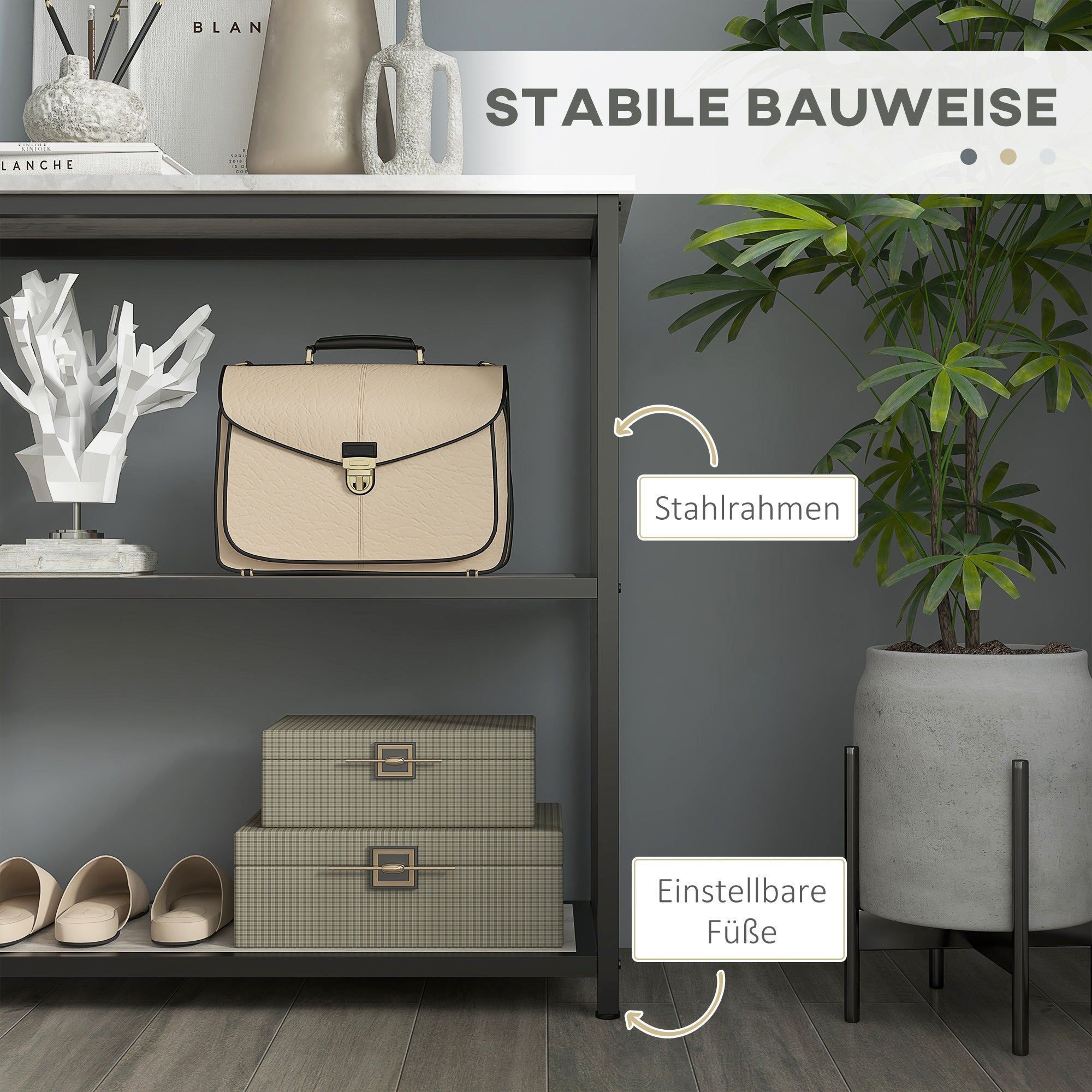 HOMCOM Konsolentisch im Industriedesign, 2 Regale, Marmor-Optik, Schwarz + Weiß