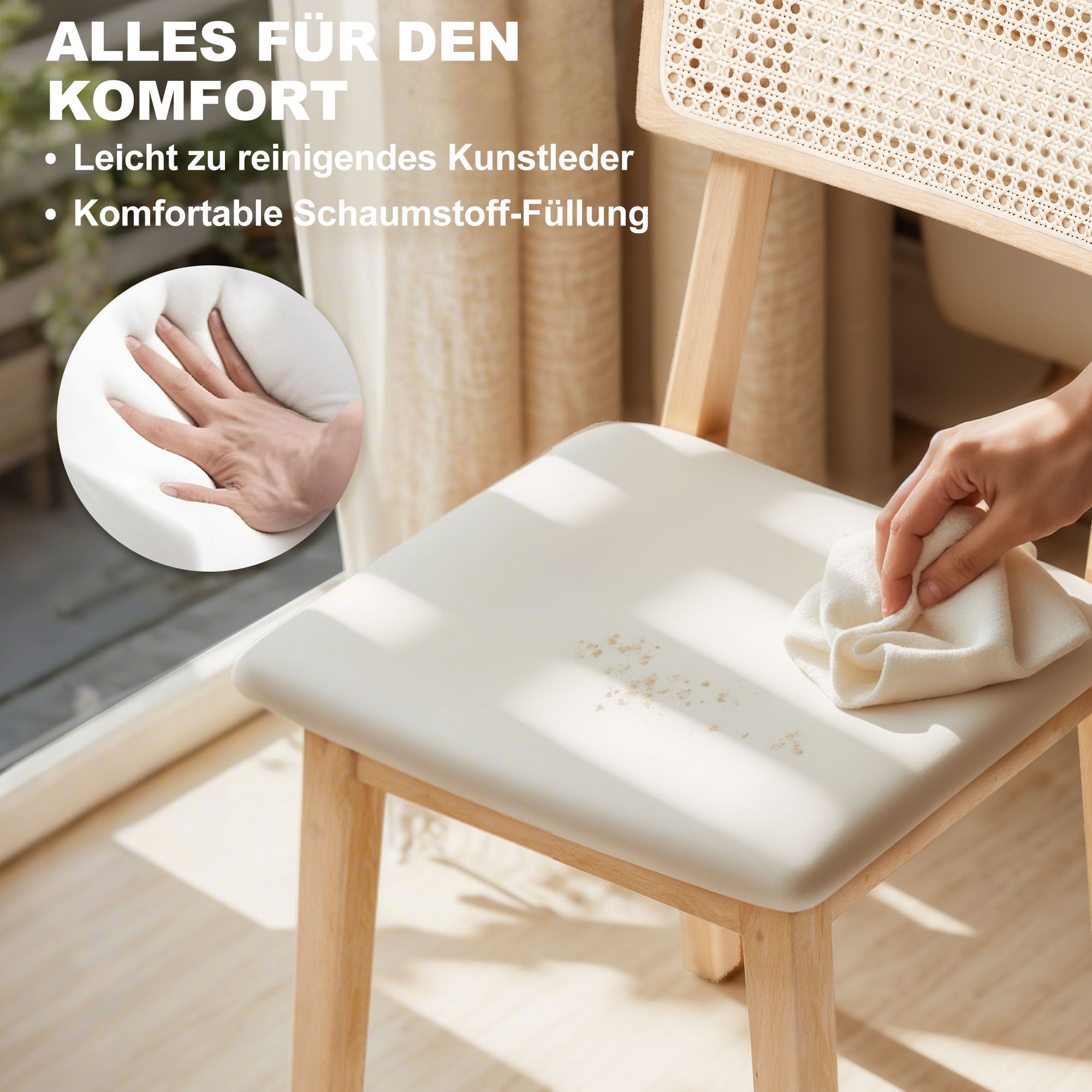 HOMCOM Esszimmerstuhl, Rattan-Rückenlehne, Kunstleder-Sitz, Kautschukholz, Naturholz