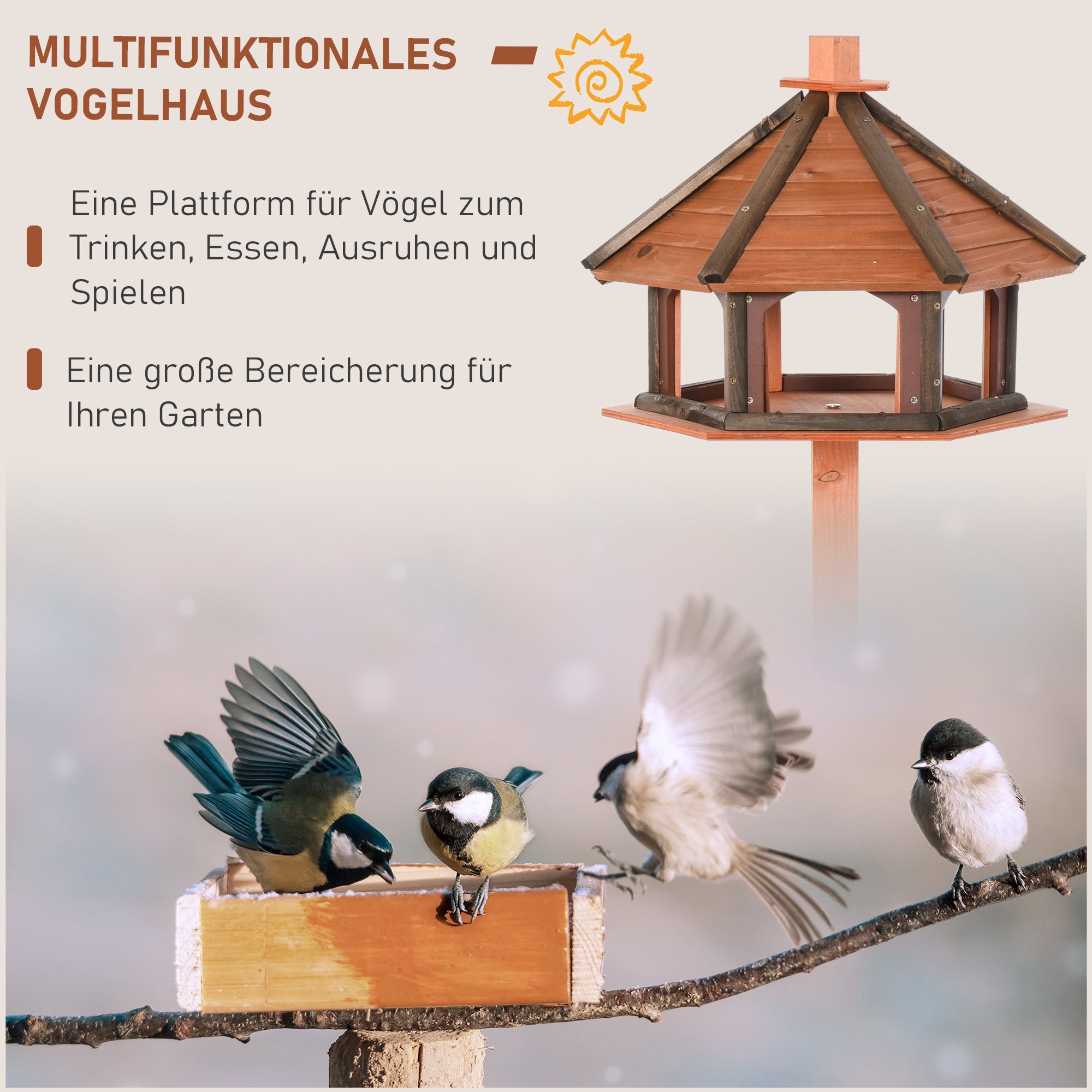 PawHut Vogelhaus mit Ständer wetterfestes Vogelfutterhaus mit wetterfestem Dach Futterhaus aus Holz für Wildvögel Ø52 x 130H cm Natur