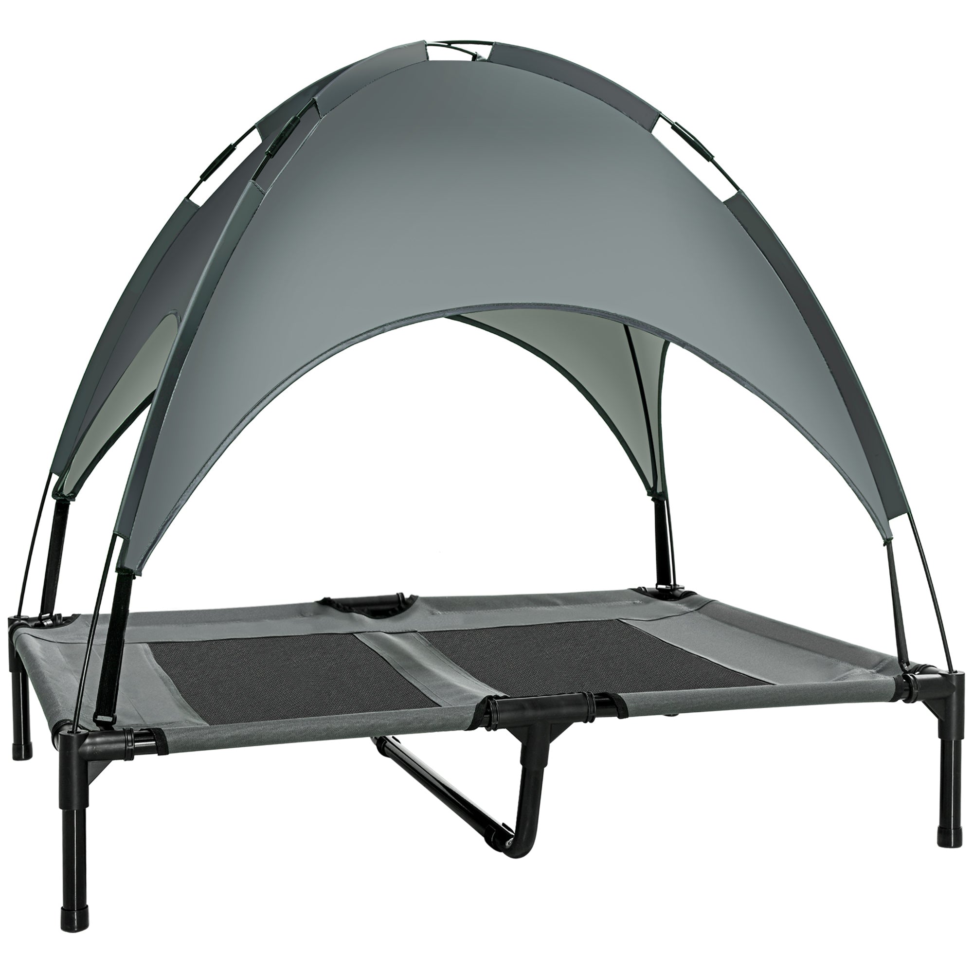 PawHut Erhöhtes Hundebett mit Baldachin, Haustierbett, Hundeliege outdoor mit Dach, Atmungsaktiv, Taftstoff für Camping Grau 92 x 76 x 90 cm