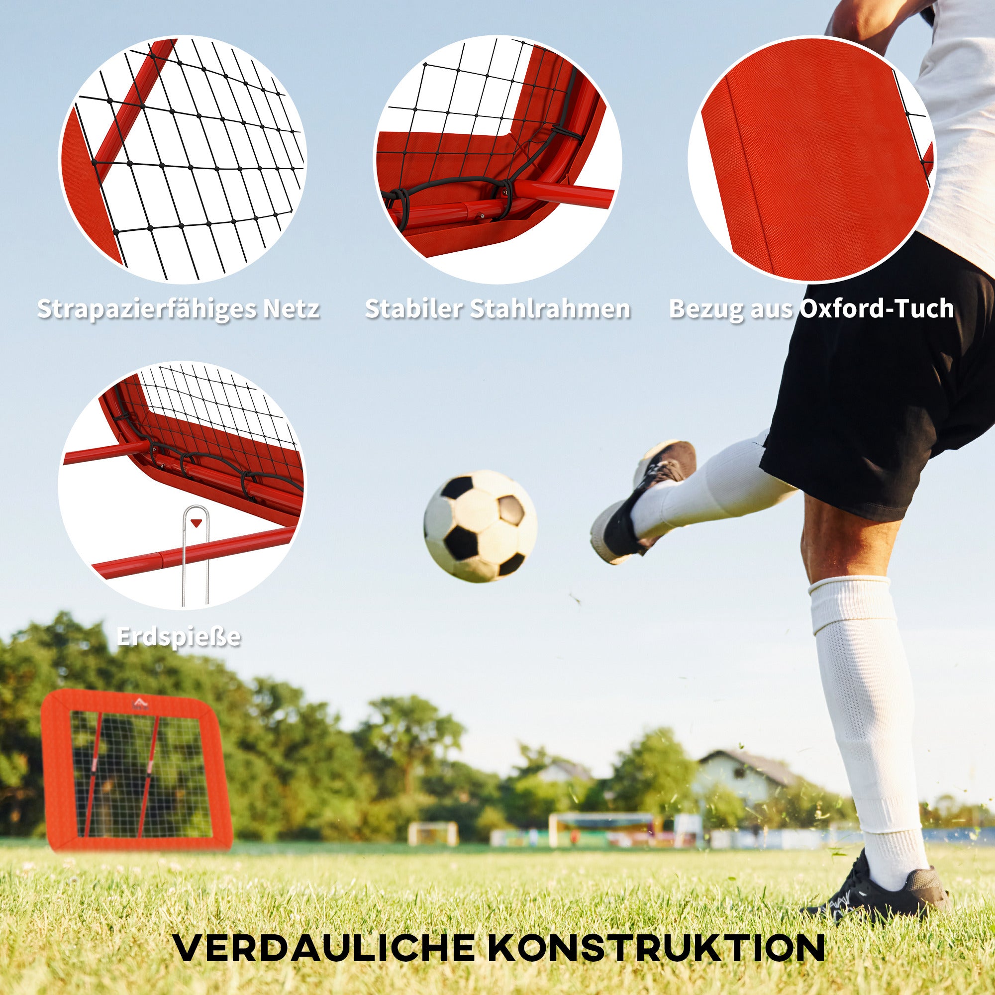 HOMCOM Fußball-Rückprallnetz, verstellbar, faltbar, Metallrahmen, Allwetter-PE-Netz, inkl. Heringe, Rot