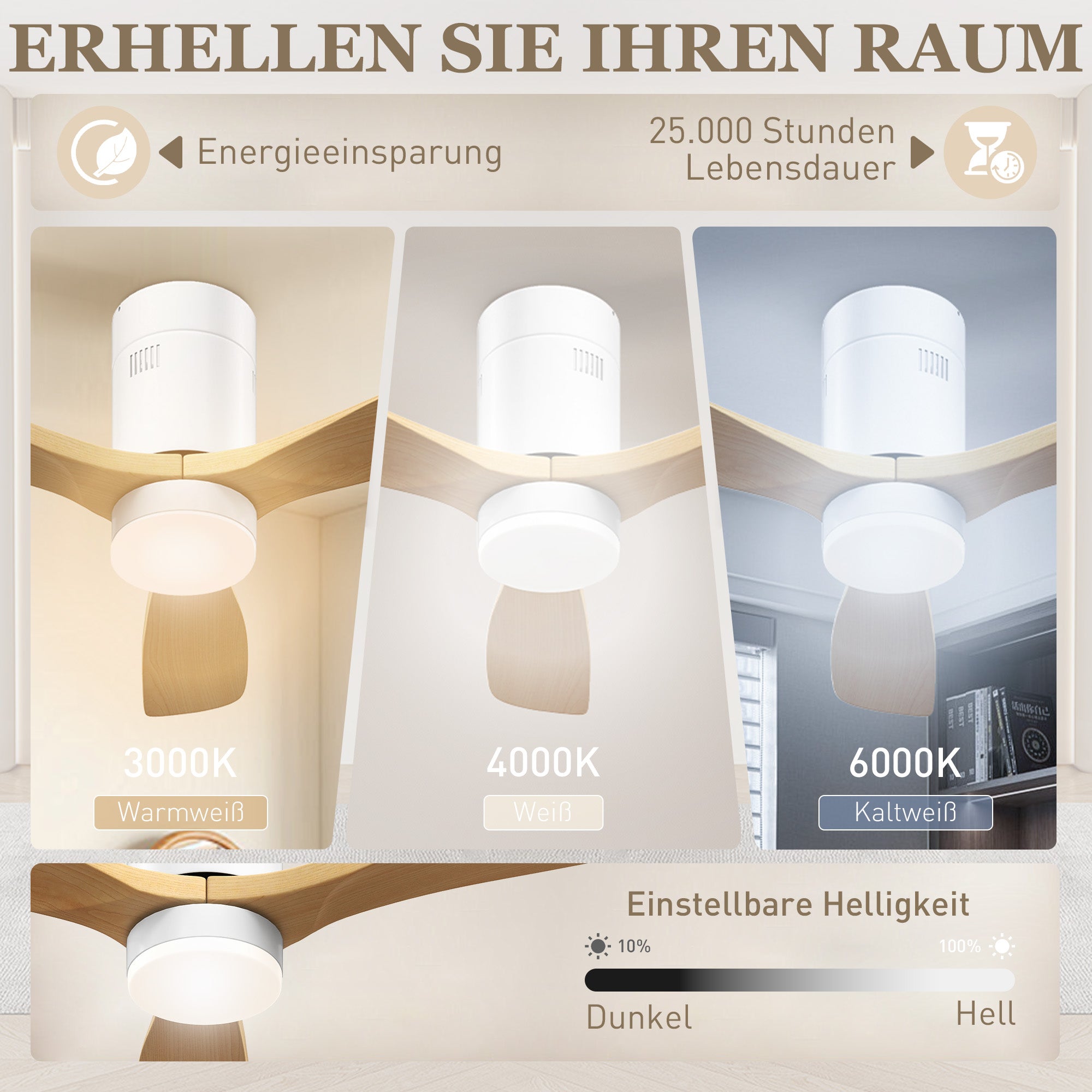 HOMCOM Deckenventilator mit LED-Licht, 6 Geschwindigkeiten, Fernbedienung, Hellbraun