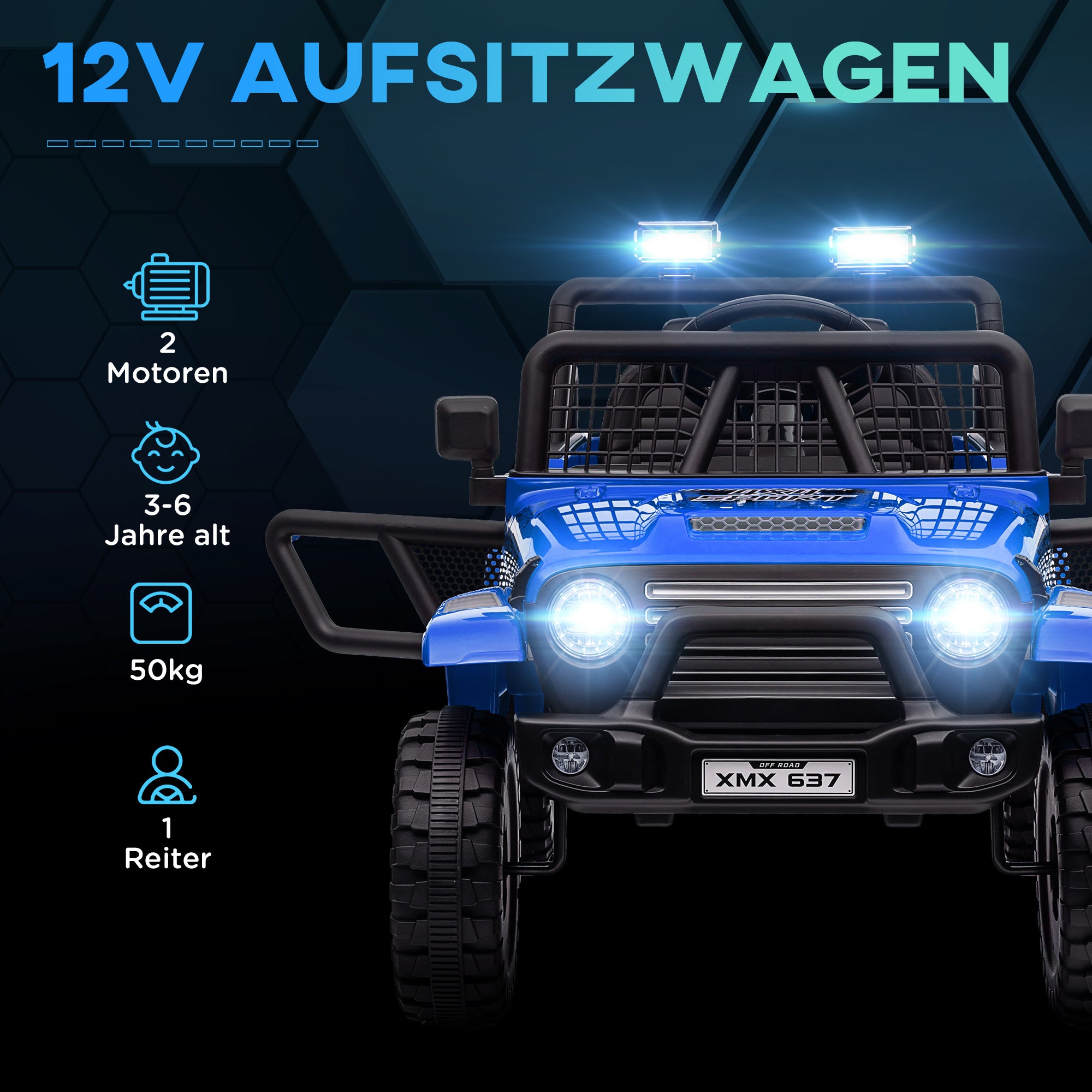 AIYAPLAY Kinder-Elektroauto mit sanfter Federung, fernsteuerbar, LED-Lichter, Hupe, 12V-Motoren, aus Kunststoff und Metall, Blau