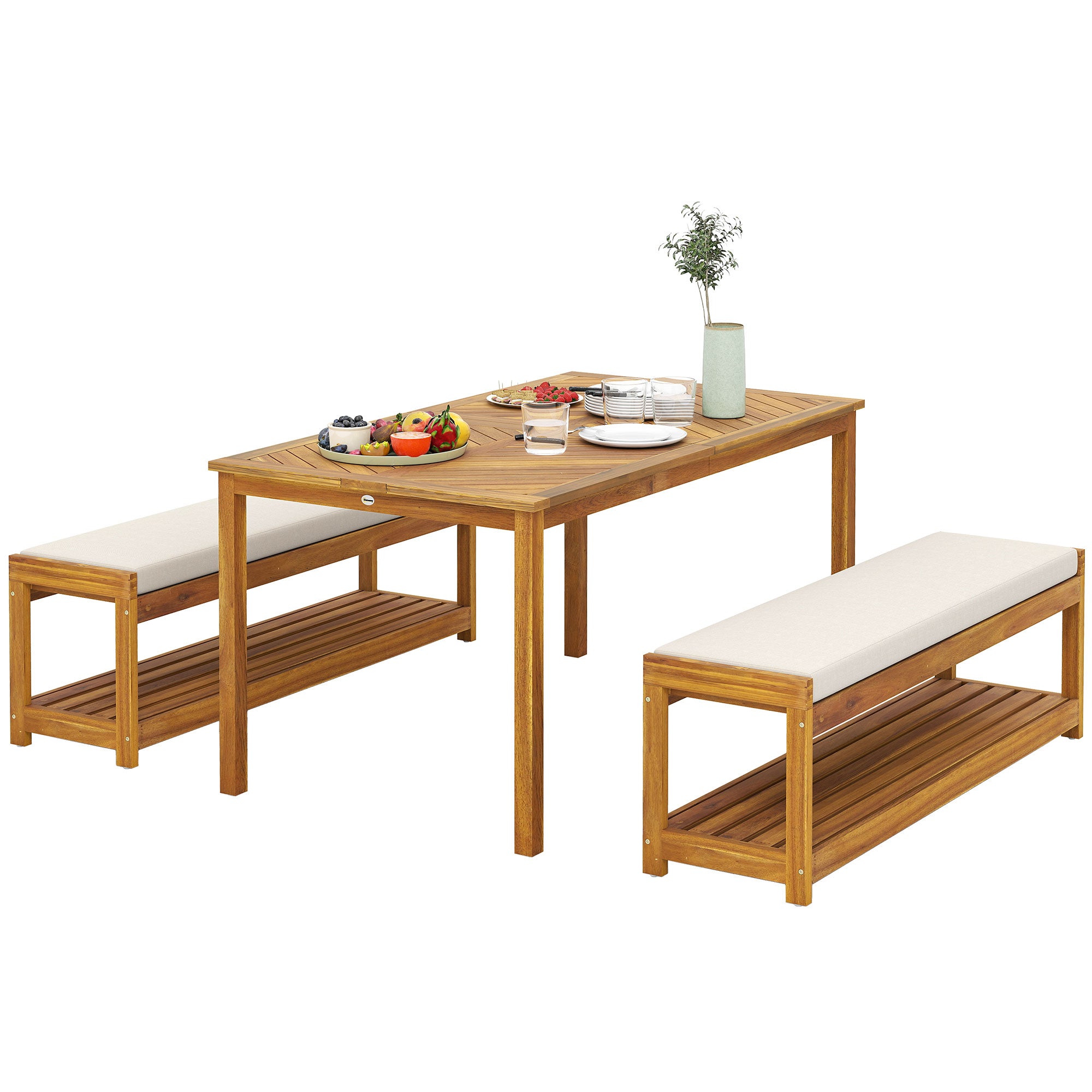 Outsunny 3 tlg. Gartenmöbel-Set, Sitzgarnitur inkl. 1 Esstisch mit Schirmloch, 2 Bänke 150 x 85 x 75 cm Teak