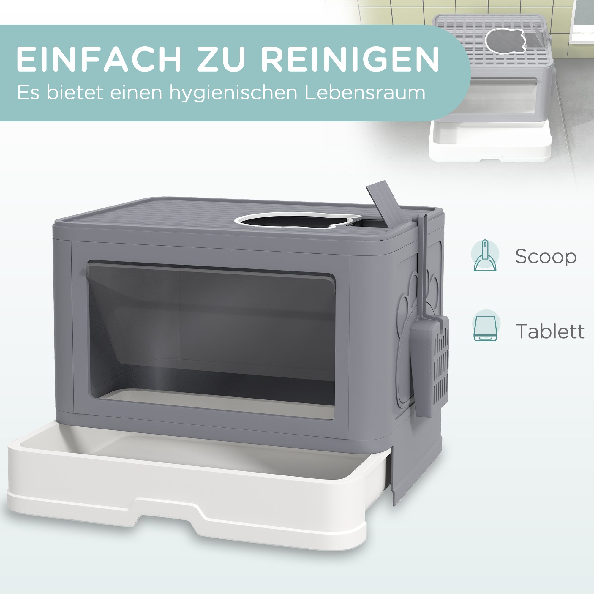 PawHut Katzentoilette Katzenklo Katzentoillete mit Abdeckung, 2 Ausgänge, 48,5 x 38 x 36,5 cm, Grau + Weiß