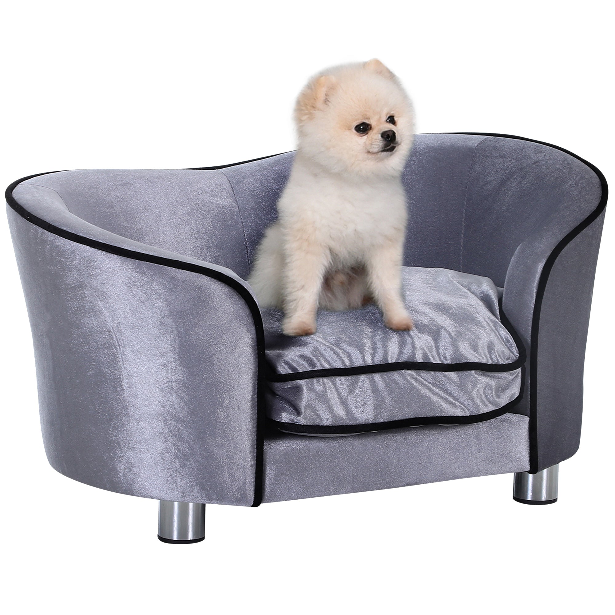 PawHut Hundesofa, Hundebett, waschbares Sitzkissen, Plüschbezug, Naturholzrahmen, hellgrau, 69 x 49 x 38cm