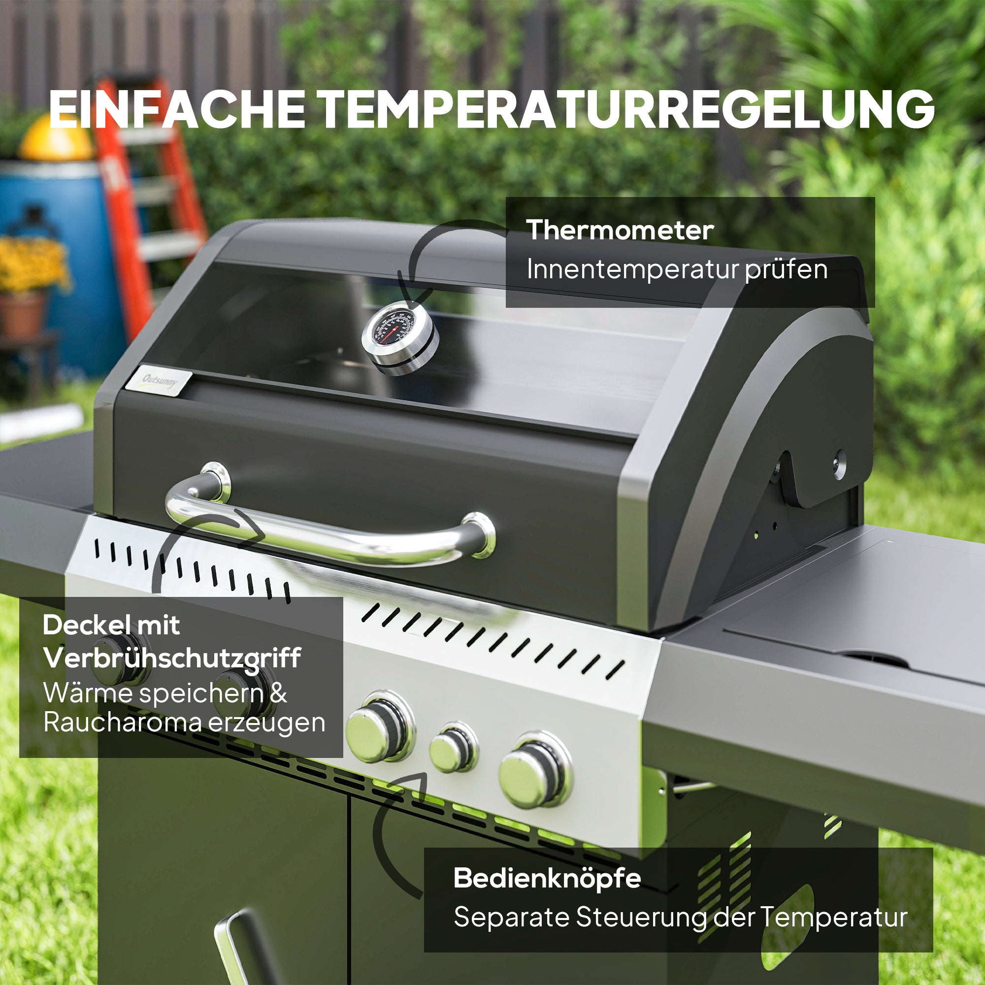 Outsunny Gasgrill 12 KW Grillwagen inkl 5 Brenner Seitenkocher Rolle Deckel Thermometer Seitenablagen 135 x 54 x 110 cm