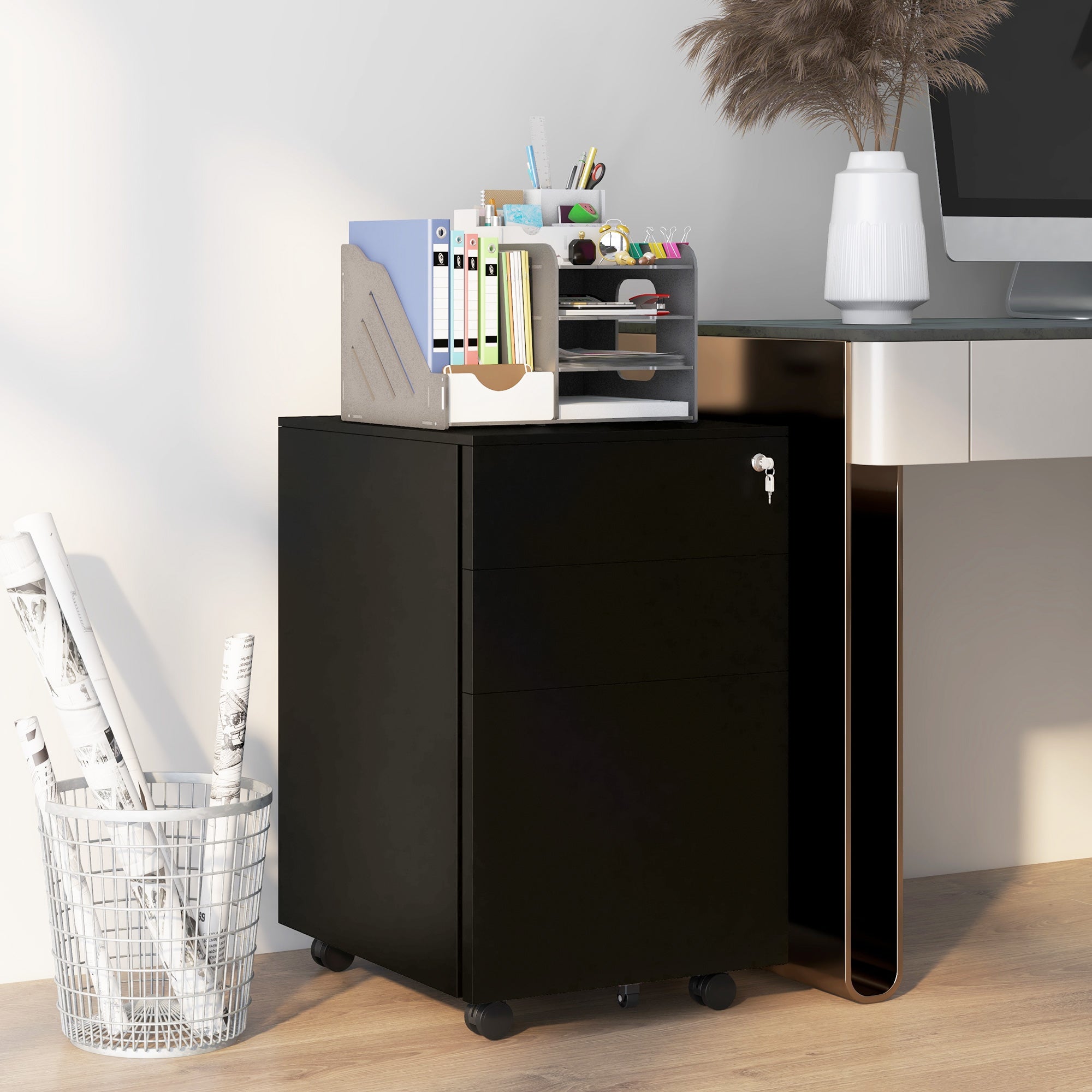 Vinsetto Rollcontainer Aktenschrank, 3 Schubladen, abschließbar, rollbar, 37 cm x 43,5 cm x 60 cm, Schwarz