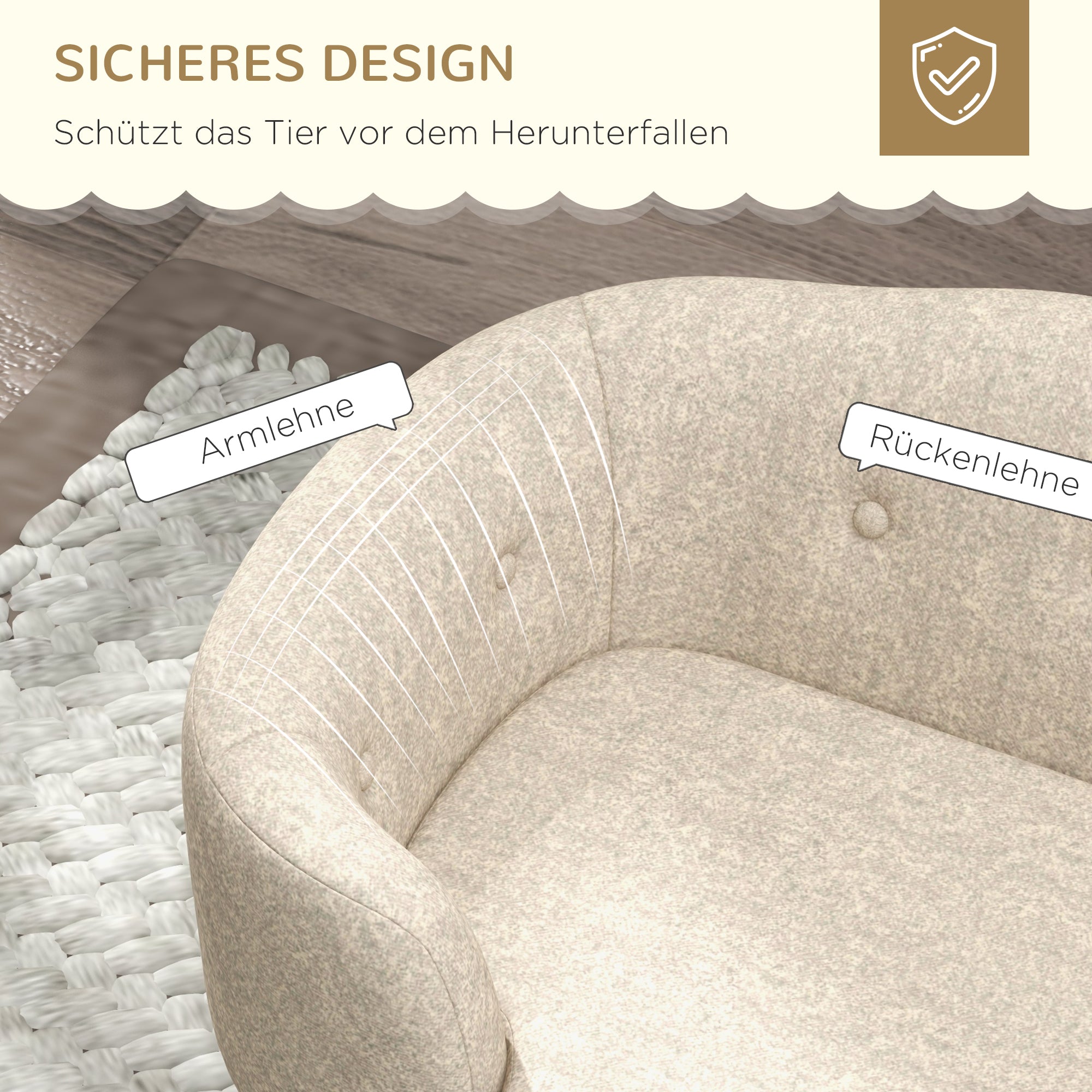 PawHut Haustiersofa Hundematte Hundebett Hundesofa Hundecouch Katzen Sofa mit Kissen Rückentasche Plüsch Schaumstoff Kiefernholz Cremeweiß 70 x 47 x 30 cm