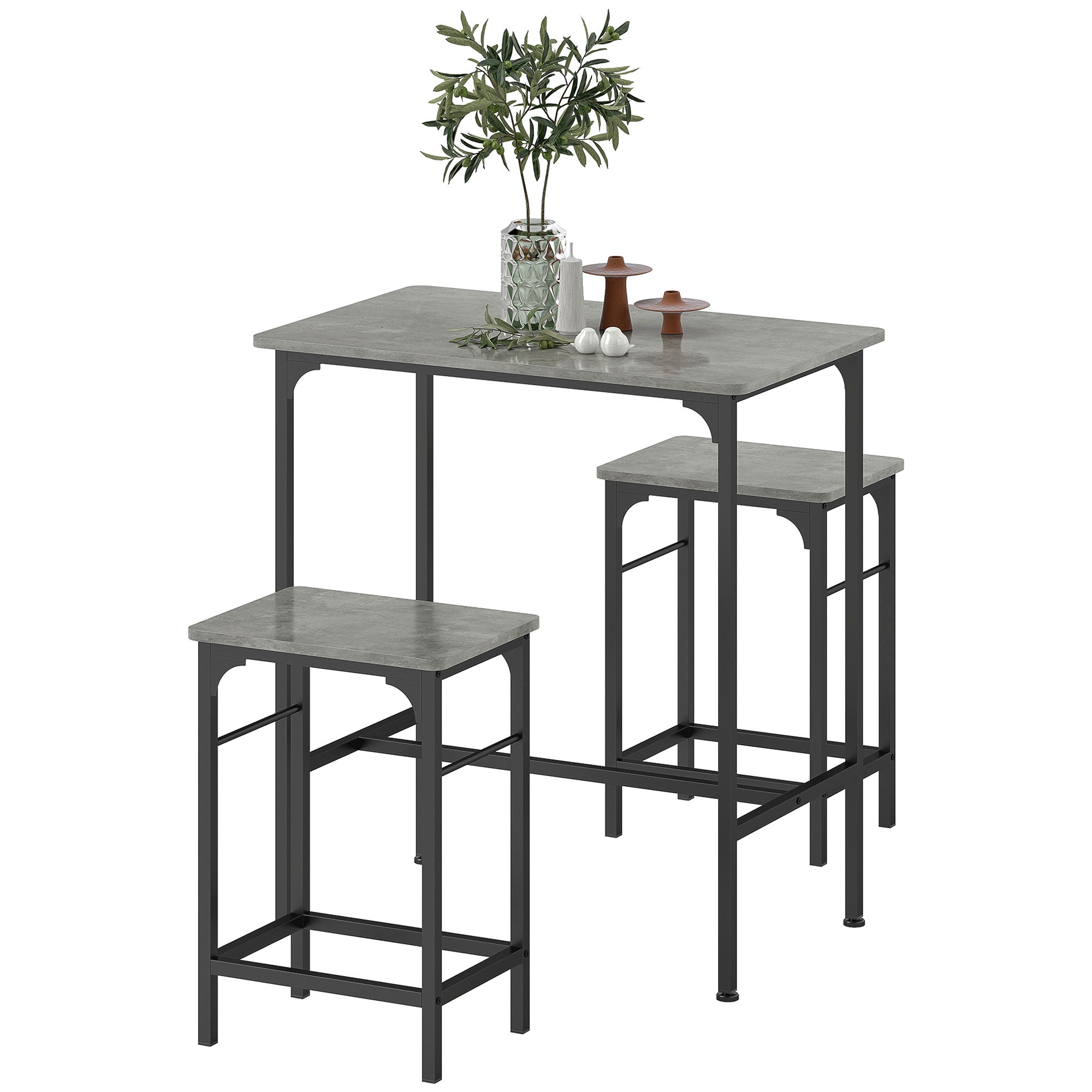 HOMCOM Bartisch Set Bartisch mit Barhocker-Set Esstisch mit 2 Stühlen mit Rutschfestem Fußpolster Grau