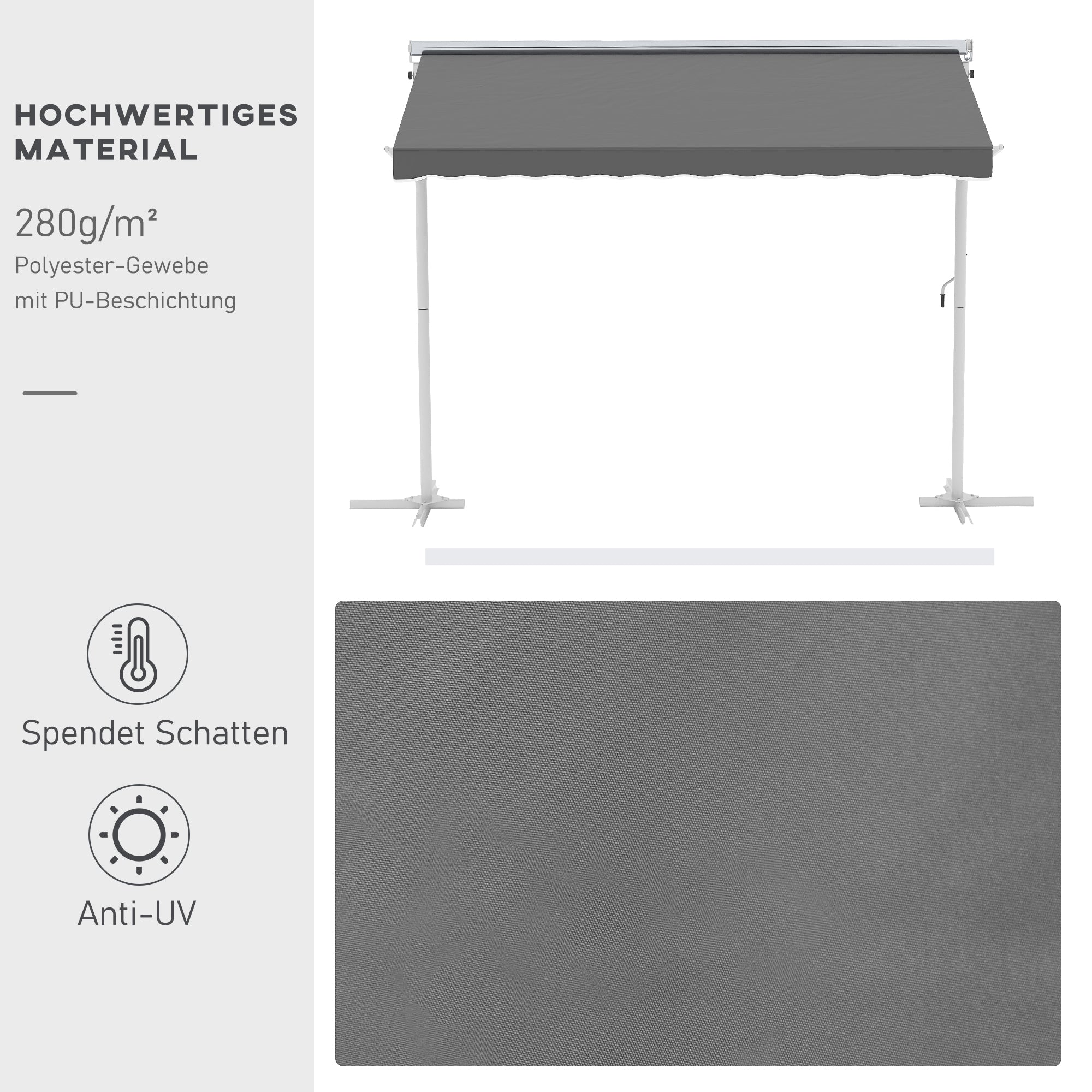 Outsunny Standmarkise Gartenmarkise Markise mit Faltarm Kurbel Terrasse Grau 3x3m