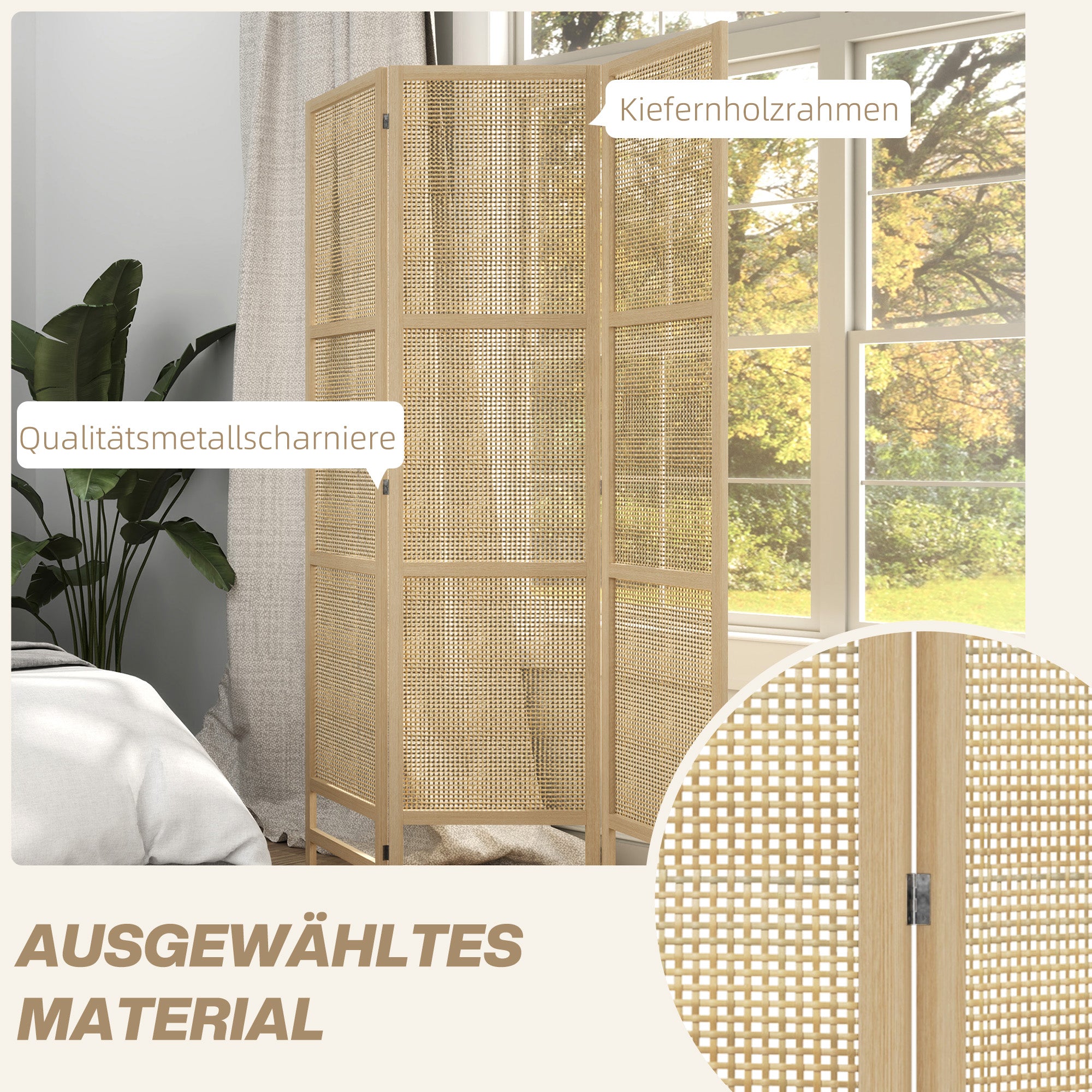 HOMCOM 3-teiliger Raumteiler, 180 cm faltbarer Wandschirm, Freistehender Raumtrenner mit handgewebtem Design für Zuhause, Natur