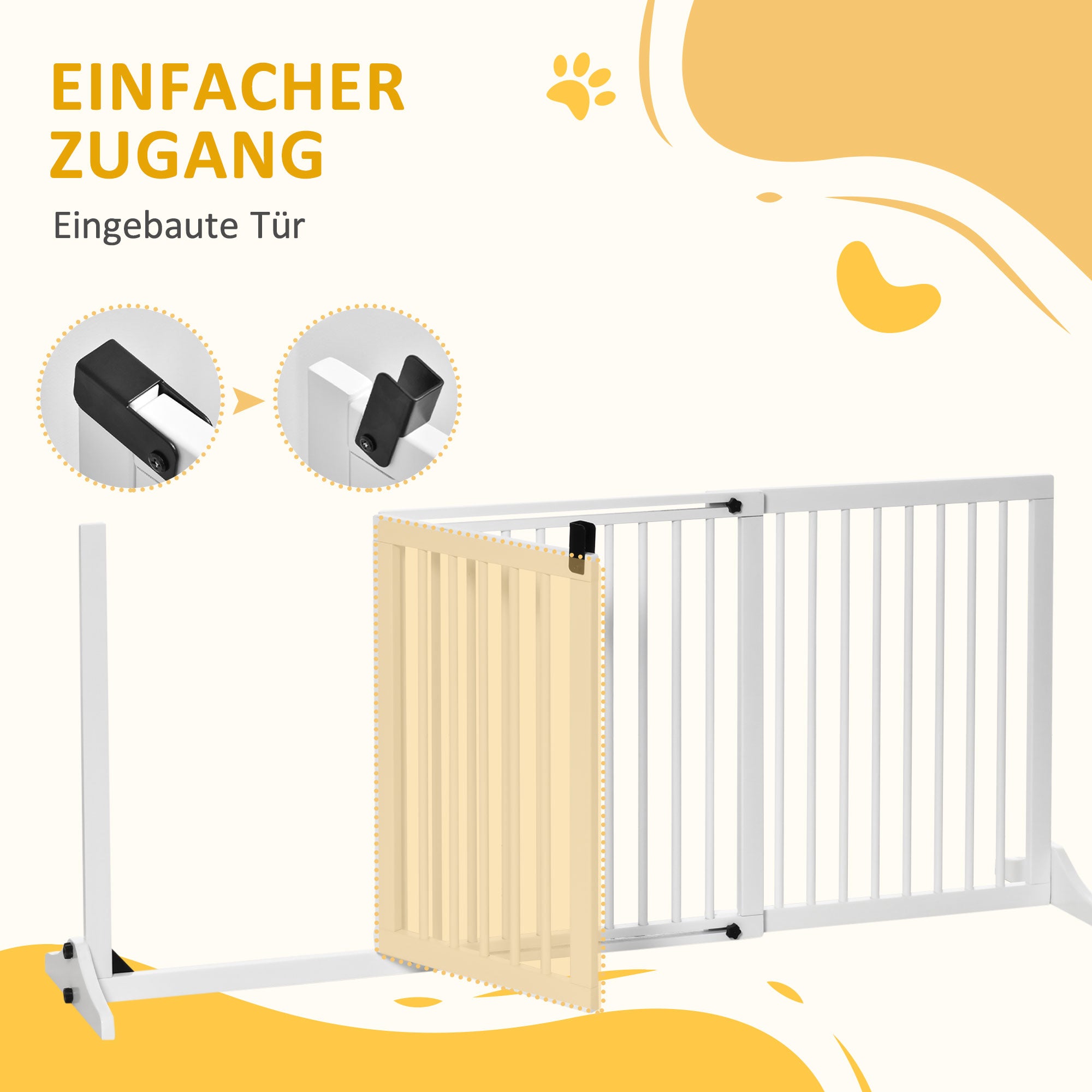 PawHut Absperrgitter Hunde Türschutzgitter Schutzgitter aus Holz Freistehendes Hundegitter mit Tür Hundeabsperrgitter Konfigurationsgitter für Kamin & Ofen Weiß 113-166 x 36 x 71 cm