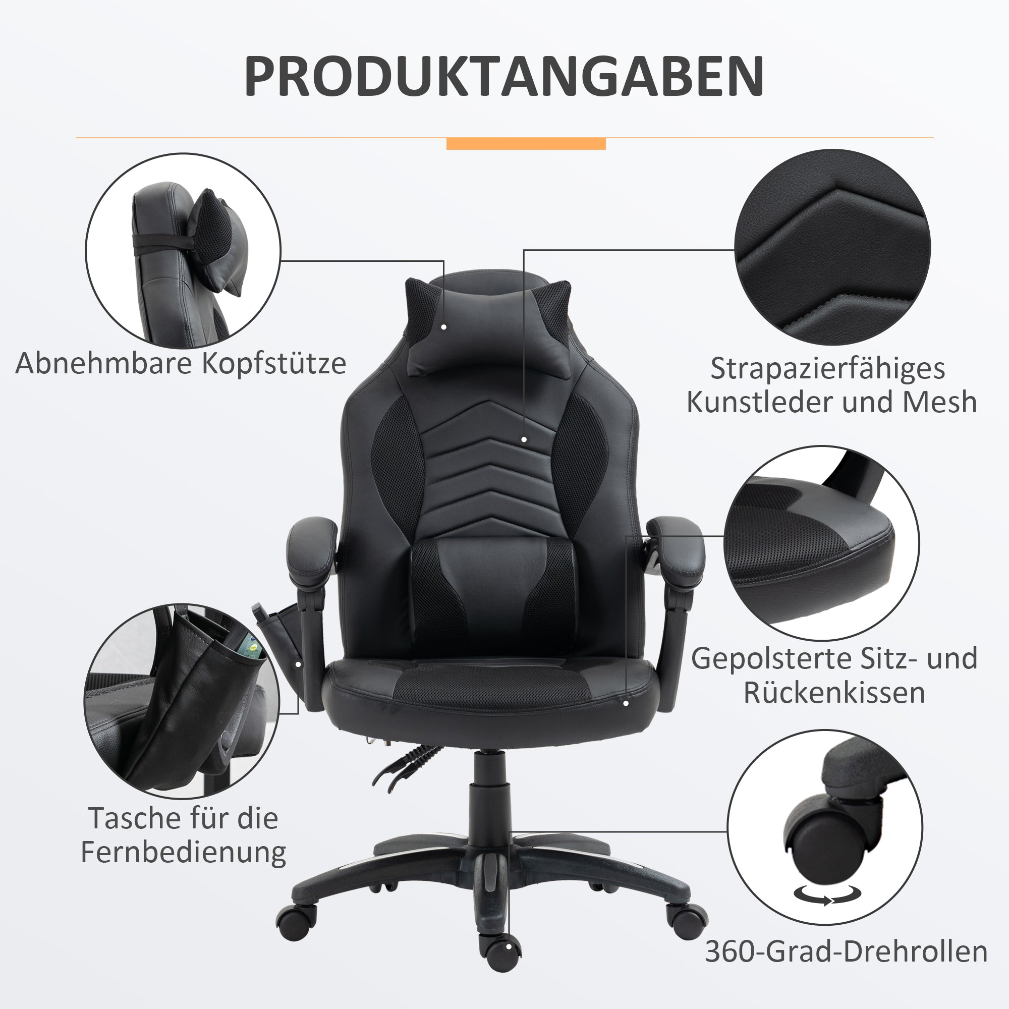 HOMCOM Bürostuhl Massagesessel Massagefunktion mit 6 Vibrationspunkte Ergonomischer Gaming Stuhl mit Wärmefunktion Kunstleder Schwarz 68 x 69 x 108-117cm