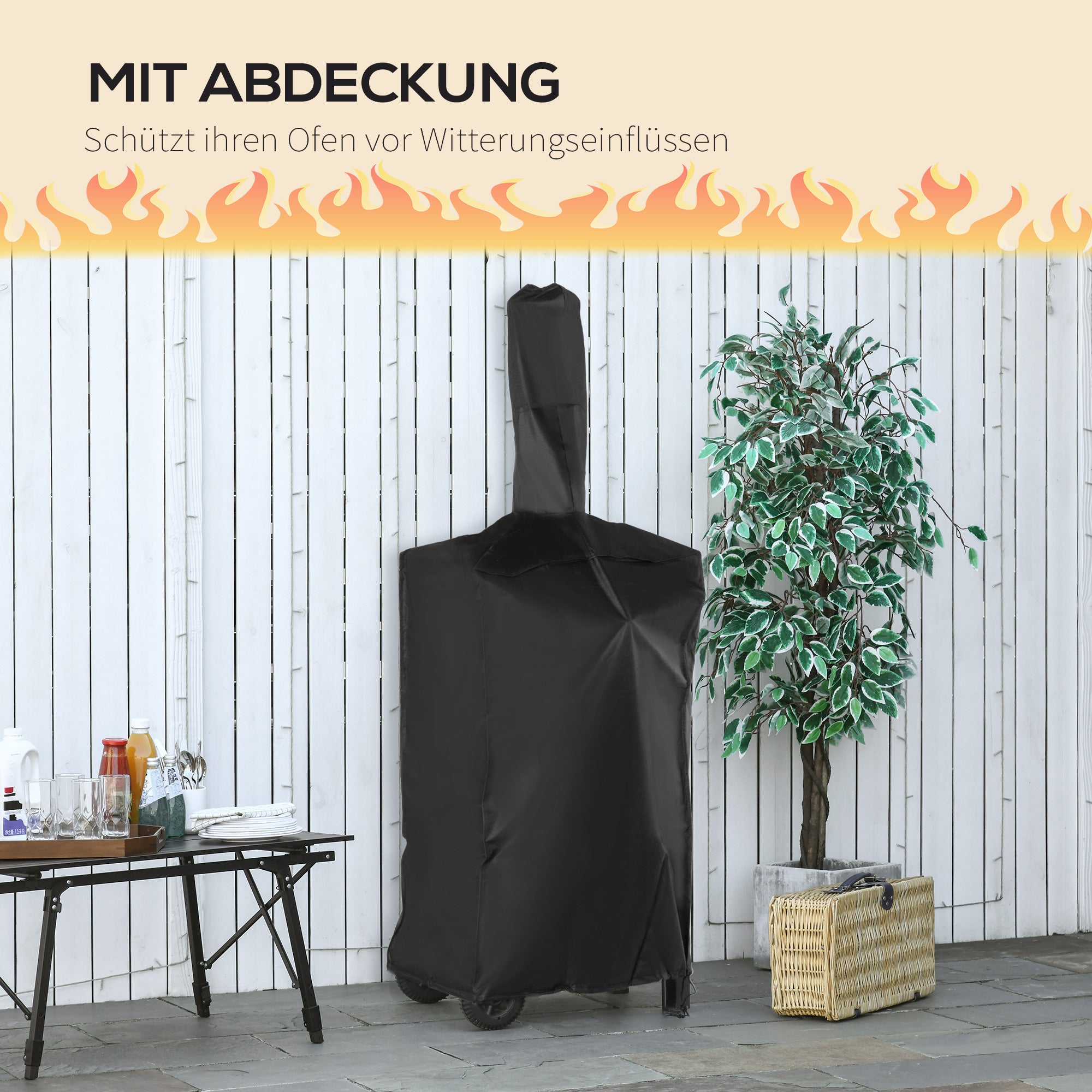 Outsunny 2-In-1 Pizzaofen Outdoor mit Rollen Grillofen mit Schutzhülle Pizzaschaufel 2 Grillnetzen Grillwagen mit Schornstein 3-Tier Holzbackofen für BBQ Stahl Schwarz+Silber 63 x 54 x 161 cm