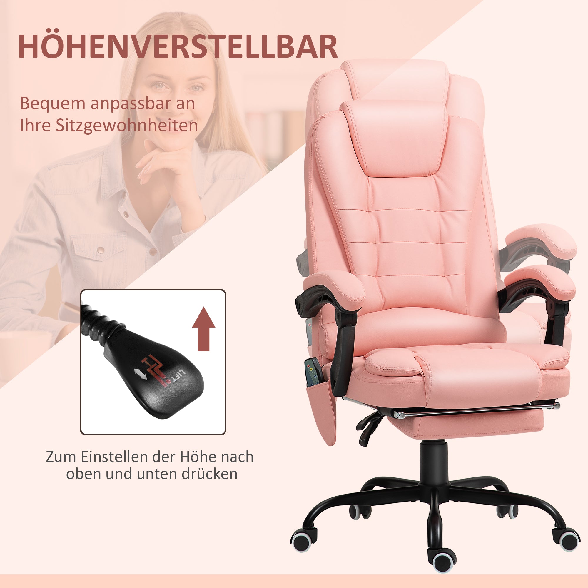 Vinsetto Massage-Bürostuhl, 7 Vibrationspunkte, verstellbare Fußstütze & Lehne, bis 120 kg, Lederoptik, Rosa