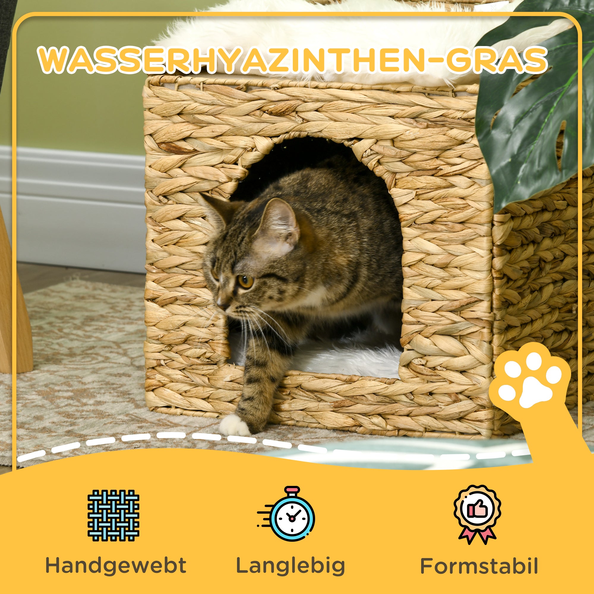 PawHut Katzenhöhle aus Wasserhyazinthen-Gras, 2 Liegefläche, 2 waschbare Kissen, Natur + Weiß