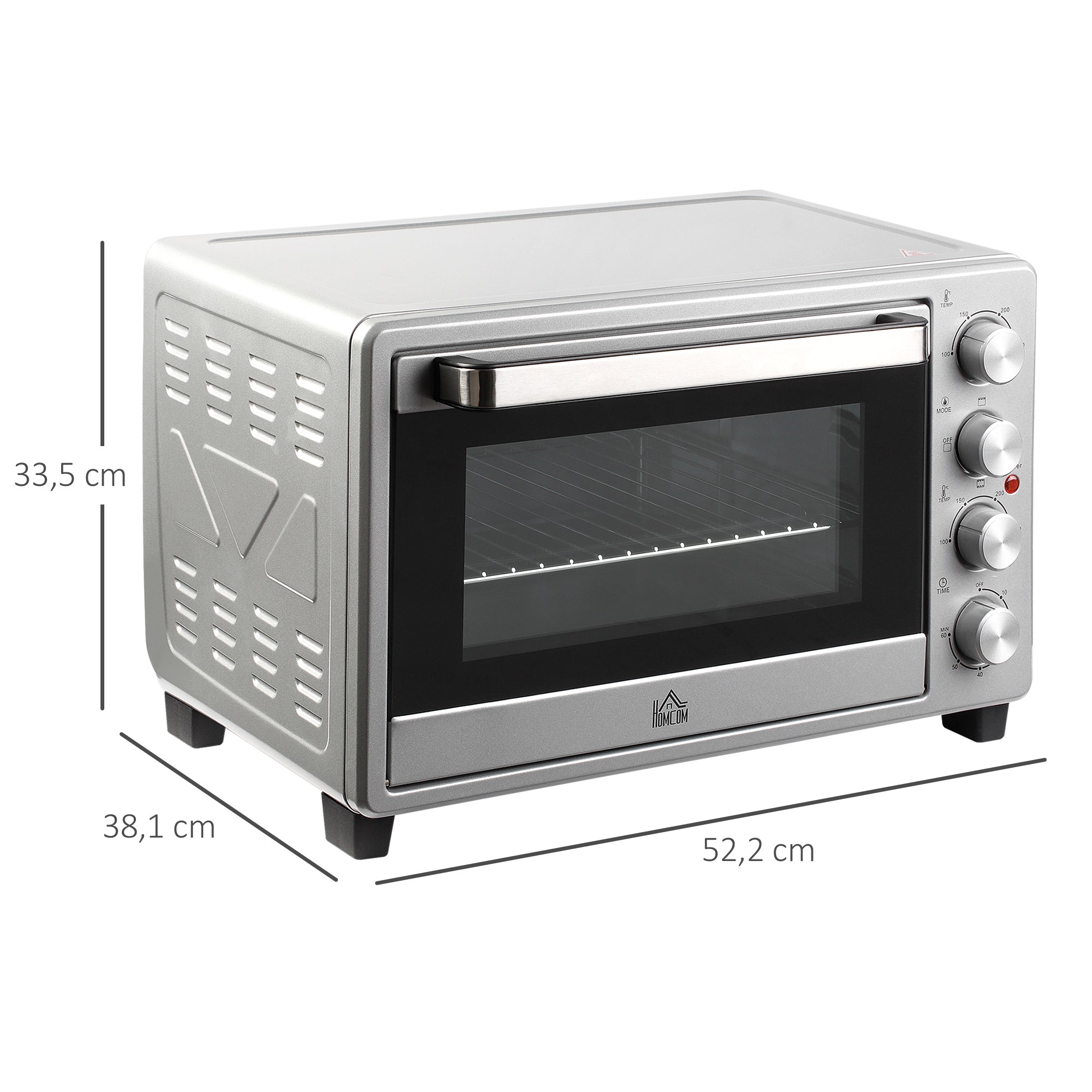 HOMCOM Mini Backofen 32L 100 °C-230 °C 1600 W Mini Ofen mit Backblech Krümelblech Grillrost und 3 Kochmodi Pizzaofen mit Timer Backblech-Griff Edelstahl Silber