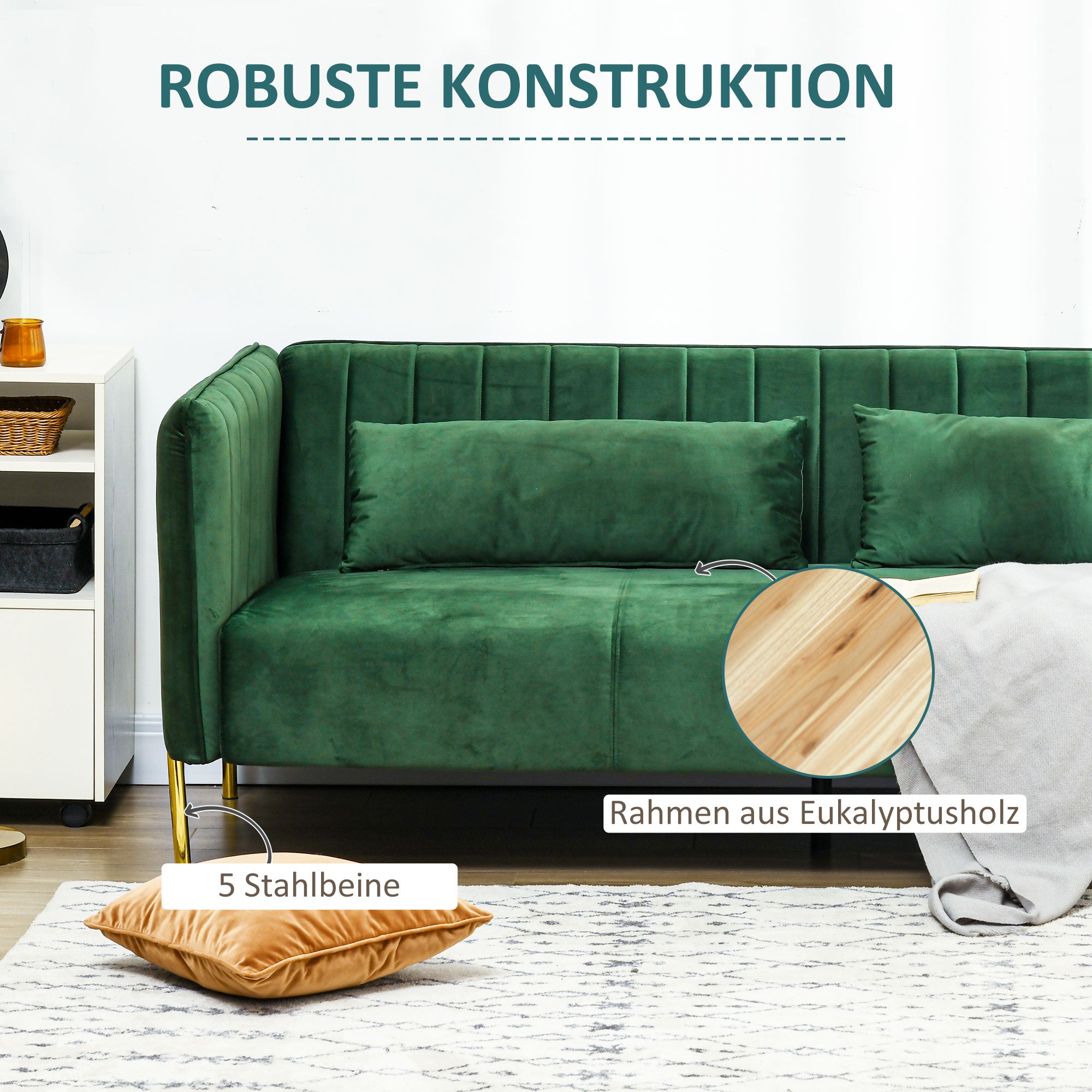 HOMCOM Sofa 3-Sitzer-Sofa Couch, inkl. 2 Kissen, Samtoptik, Retro-Design, abnehmbarer Bezug, 195 cm x 88 cm x 76 cm Grün