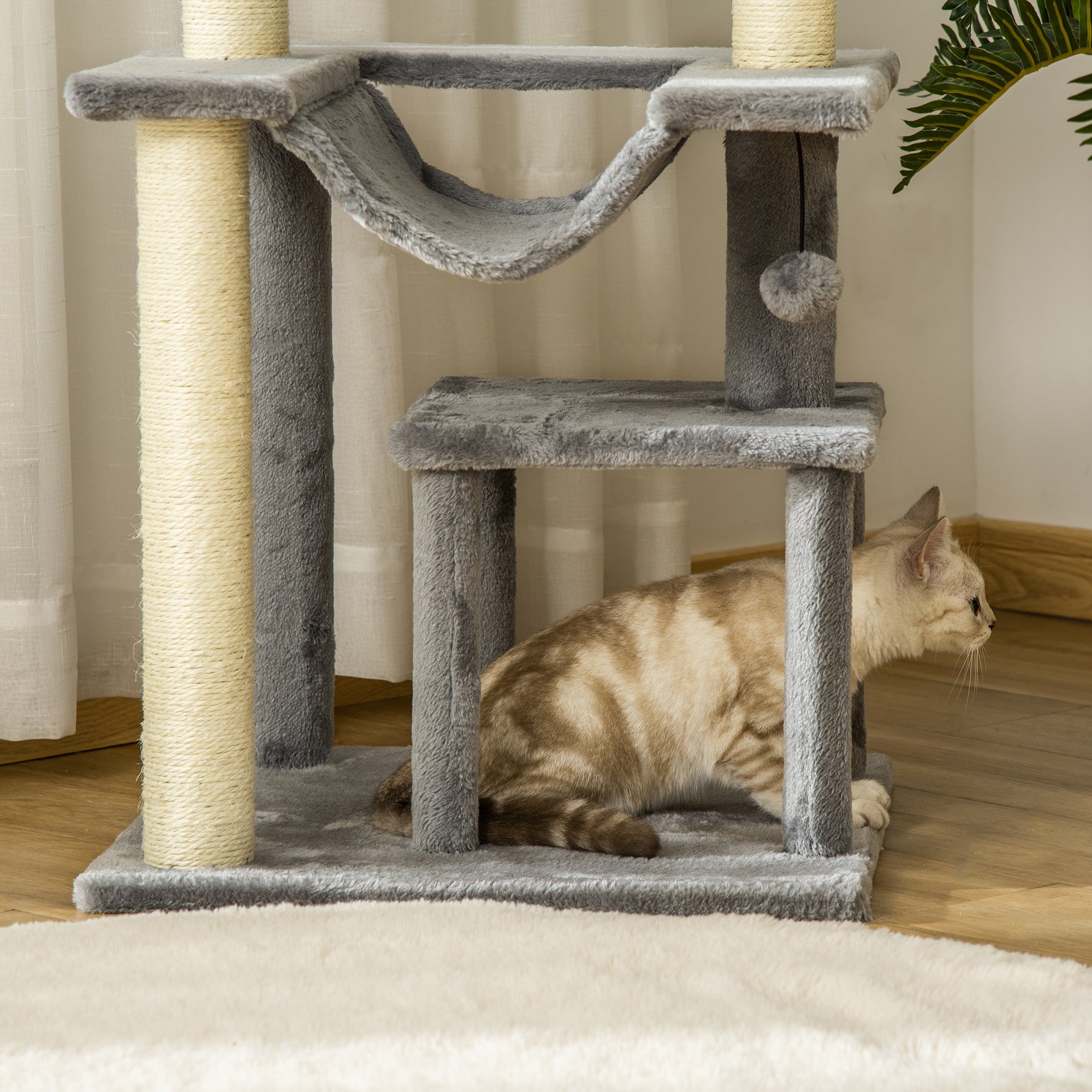 PawHut Katzenbaum 90 cm Kratzbaum mit Hängematte Spielbaum Katzenhöhle Plattformen Kletterbaum Katzenkratzbaum Aktivitätskratzbäum Plüsch Sisal Grau