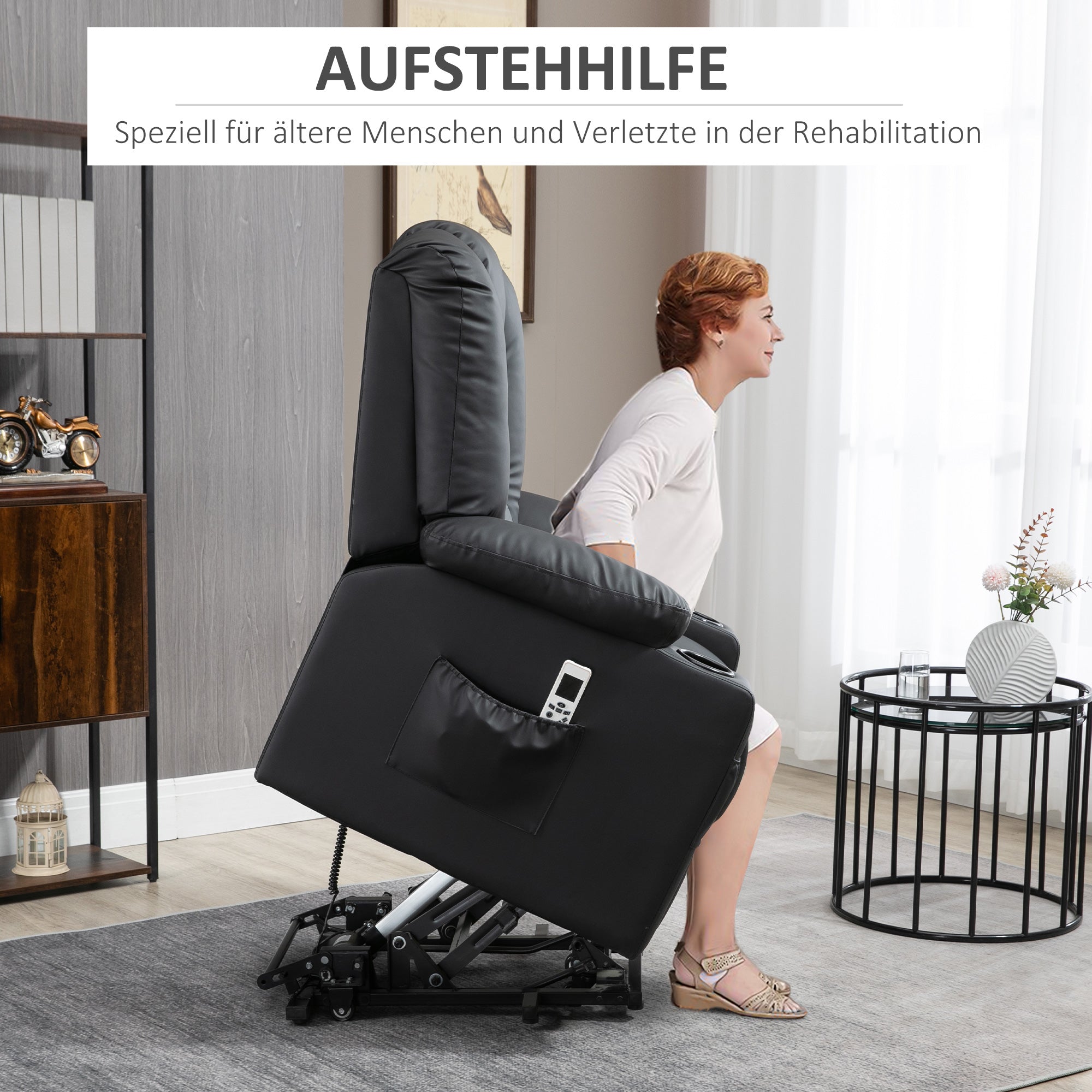 HOMCOM Relaxsessel mit Aufstehhilfe, USB, Massagefunktion, Kunstleder, bis 150 kg, 90x98x102 cm, Schwarz