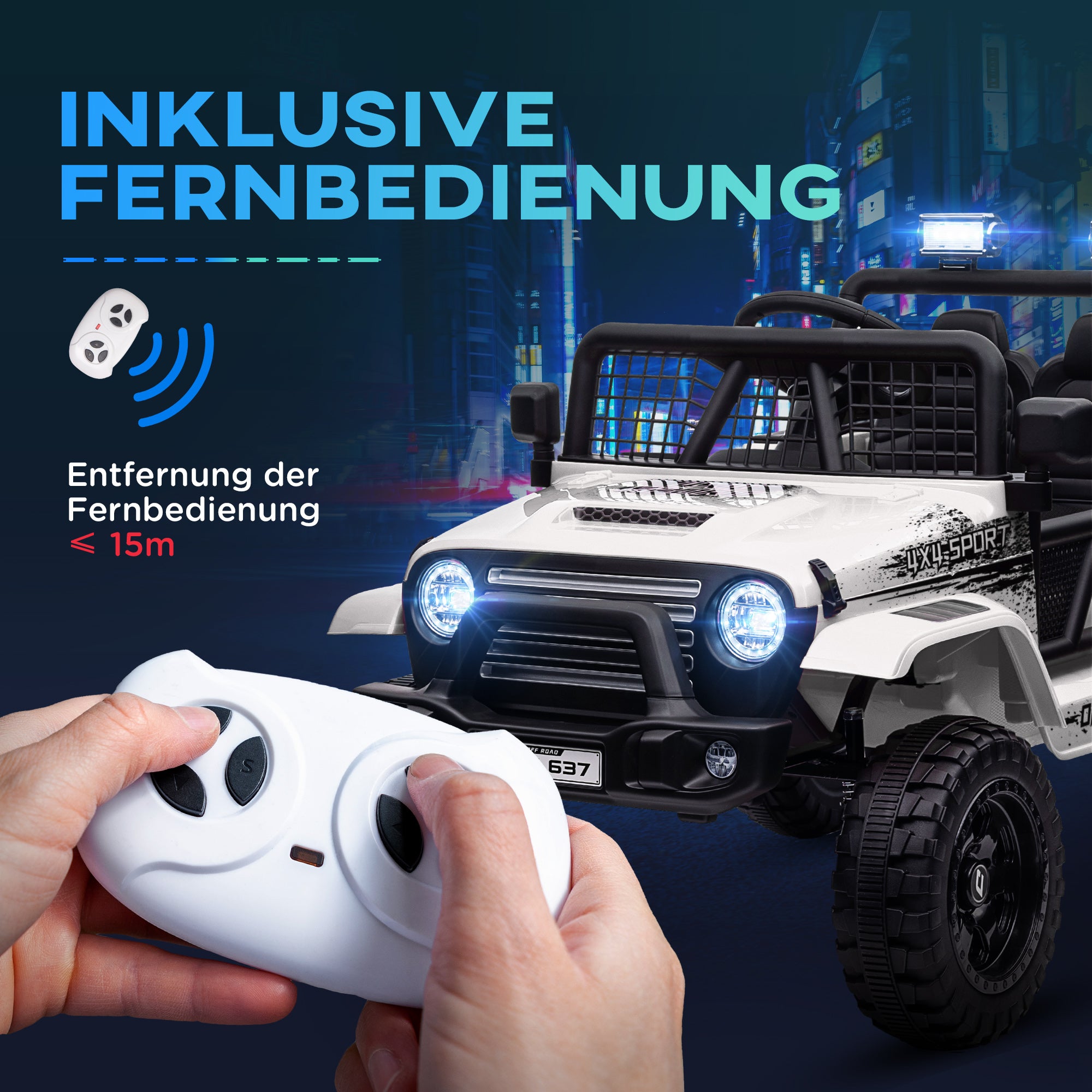 AIYAPLAY Kinder-Elektroauto mit sanfter Federung, fernsteuerbar, LED-Lichter, Hupe, 12V-Motoren, aus Kunststoff und Metall, Weiß