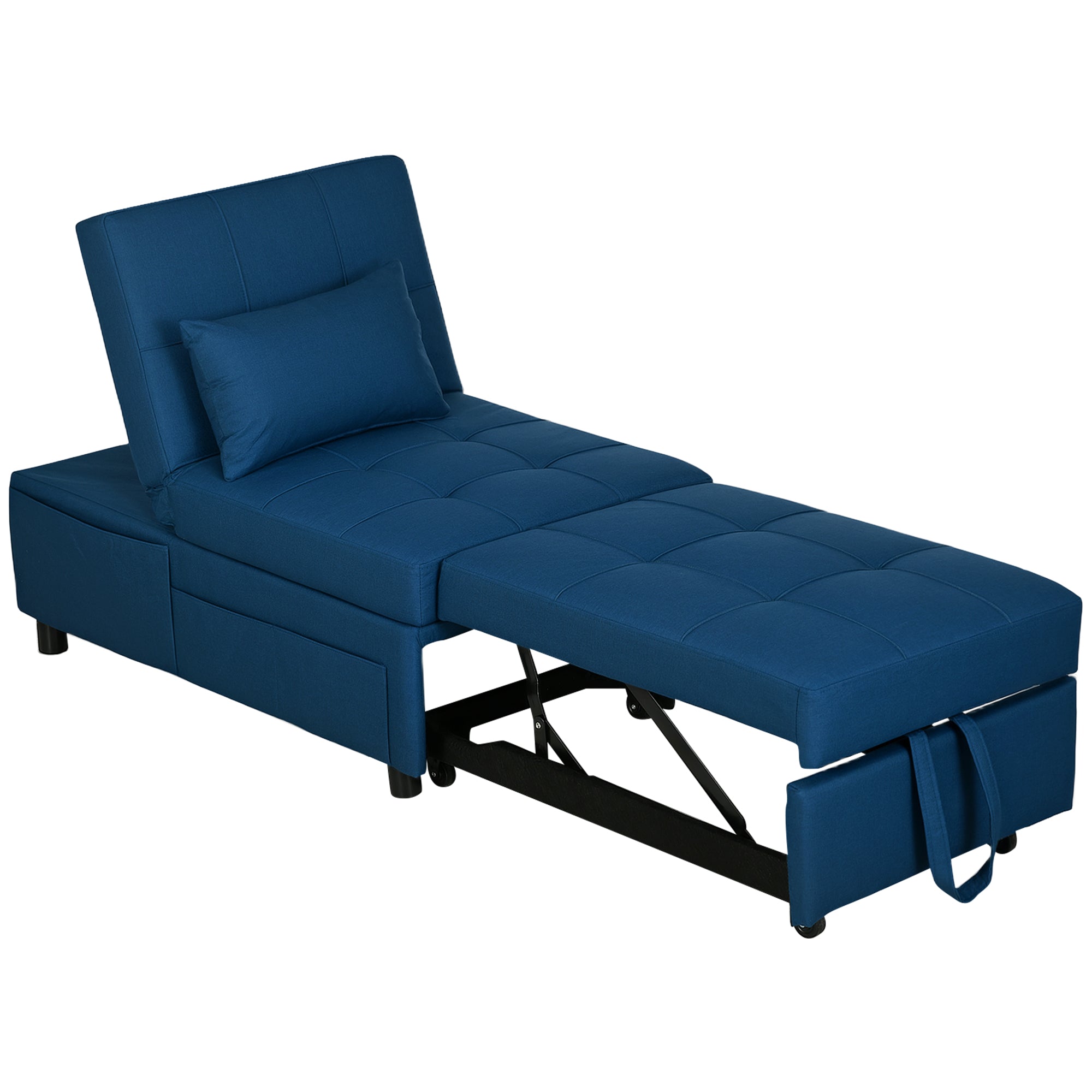 HOMCOM 3-in-1 Klappsessel mit Seitentasche, Gästebett mit Kissen, Verstellbarer Rückenlehne, Bettsessel mit Rollen, Blau
