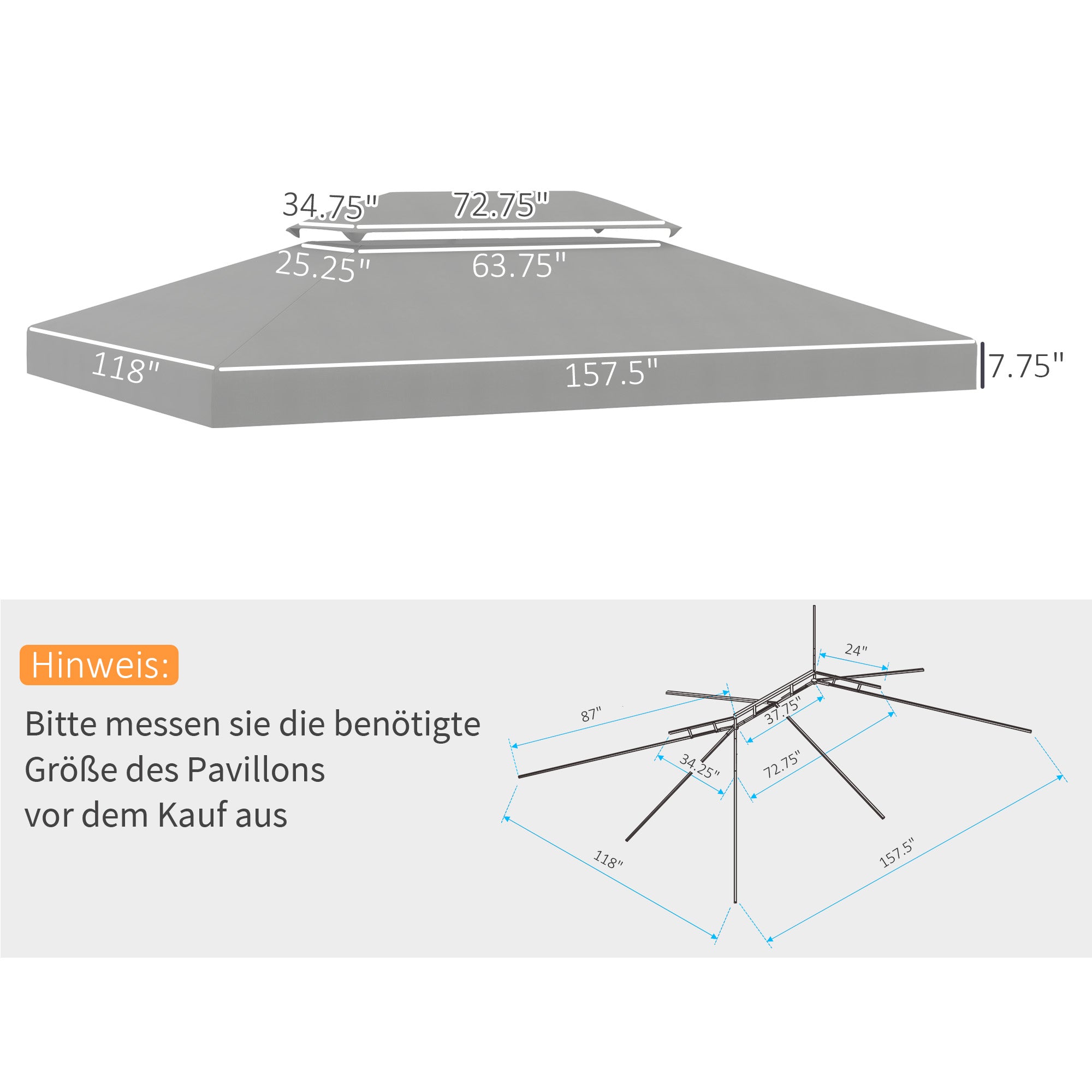 Outsunny Ersatzdach für Metallpavillon 3x4m wasserabweisend Pavillondach mit Doppeldach, Ersatzbezug für Gartenpavillon Partyzelt Gartenzelt Polyester Hellgrau
