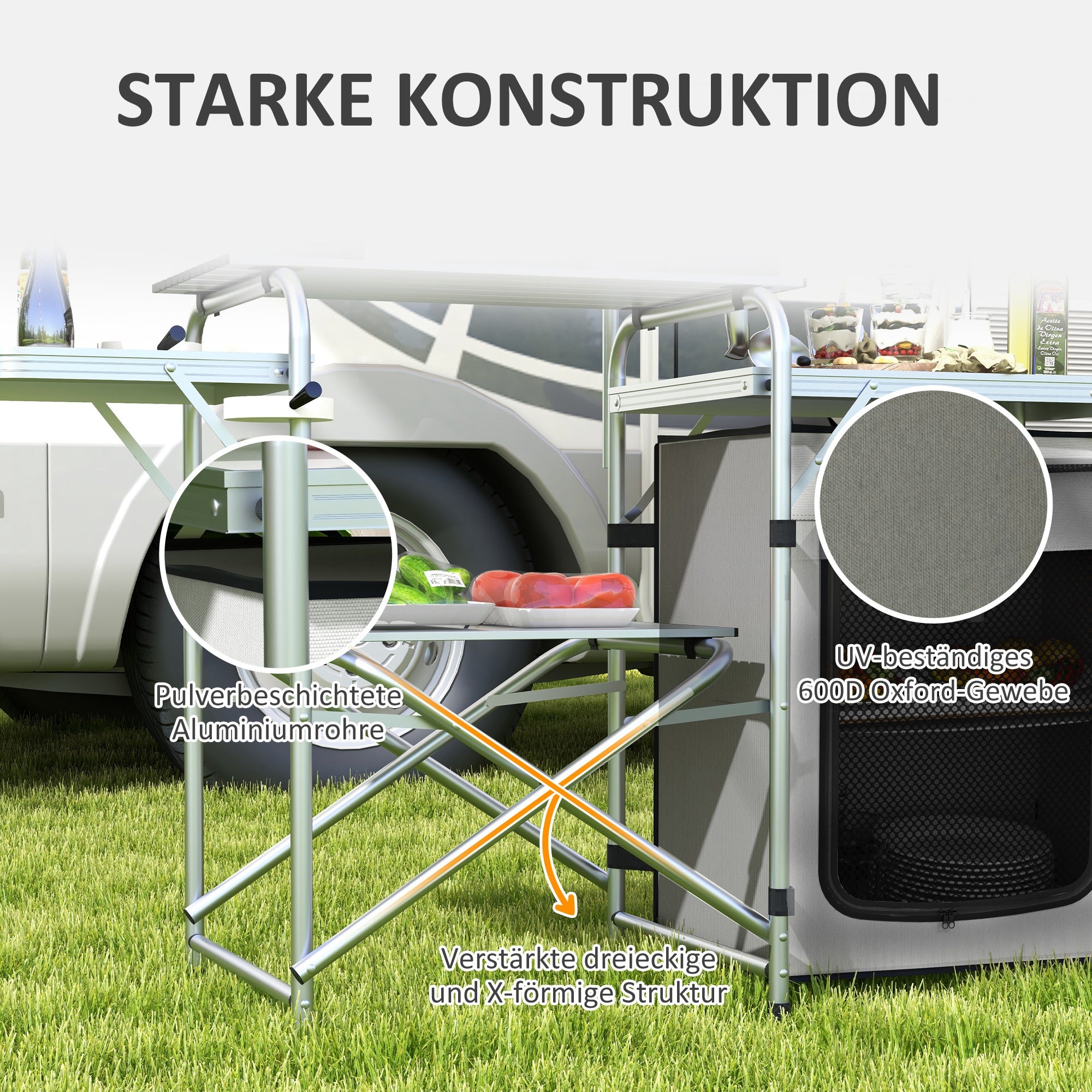 Outsunny Campingküche, faltbar, 3 Arbeitsplatten, Windschutz, Stoffschrank, 144x48x119cm, Silber