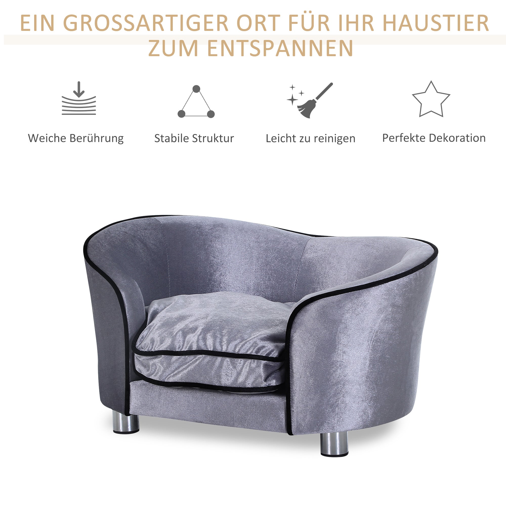 PawHut Hundesofa, Hundebett, waschbares Sitzkissen, Plüschbezug, Naturholzrahmen, hellgrau, 69 x 49 x 38cm