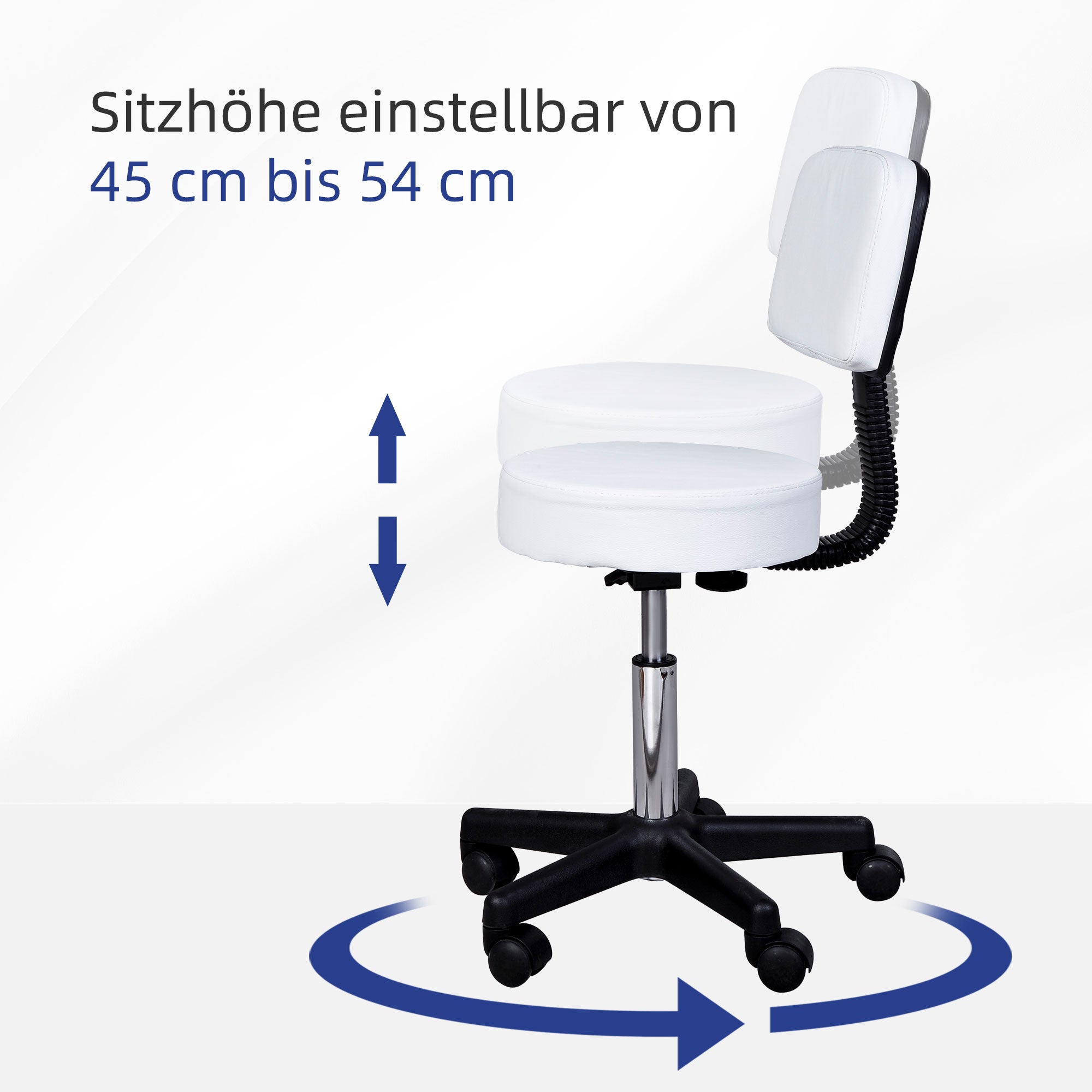 HOMCOM Rollhocker Höhenverstellbarer Arbeitshocker mit Lehne, Drehbarer Salon Hocker für Massage Büro Kunstleder Weiß Ø35 x 72-84 cm