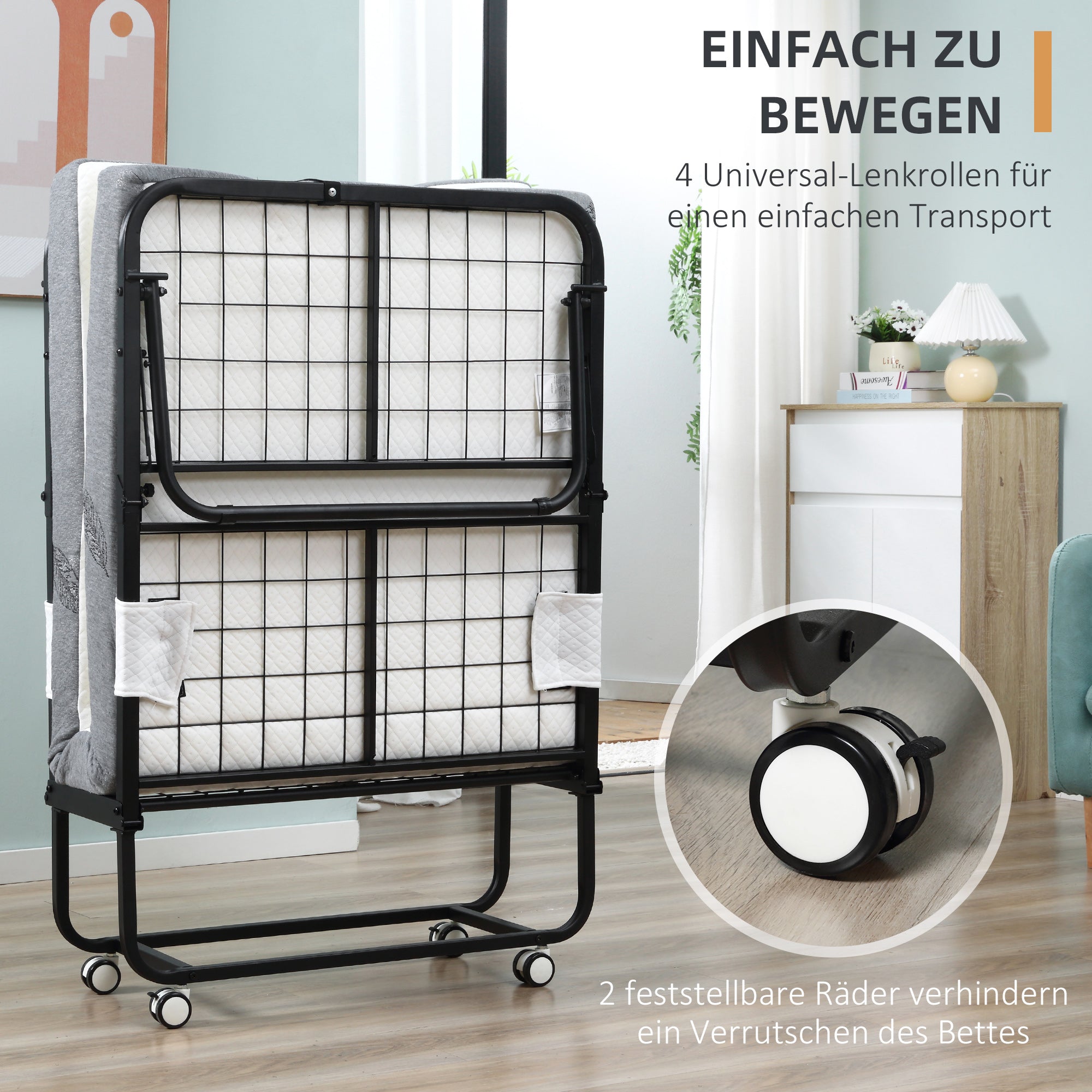 HOMCOM Gästebett Klappbett mit Rollen Stahl+Schaumstoff Weiß+Schwarz 200 x 80 x 42,5 cm