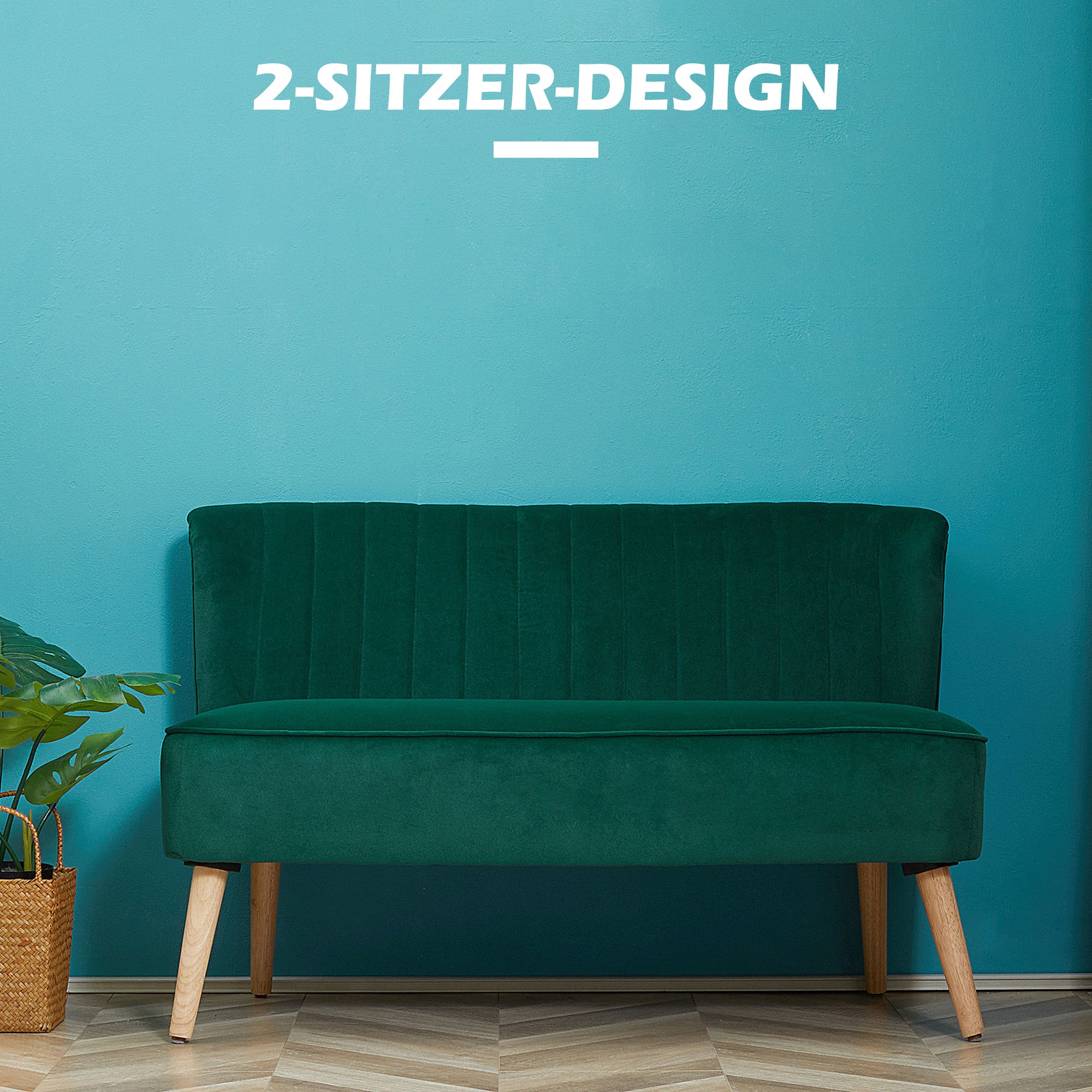 HOMCOM 2-Sitzer Stoffsofa Polstersofa Doppelsofa Sitzmöbel Loungesofa Holz Samtartiges Polyster Schaumstoff Dunkelgrün 117 x 56,5 x 77 cm