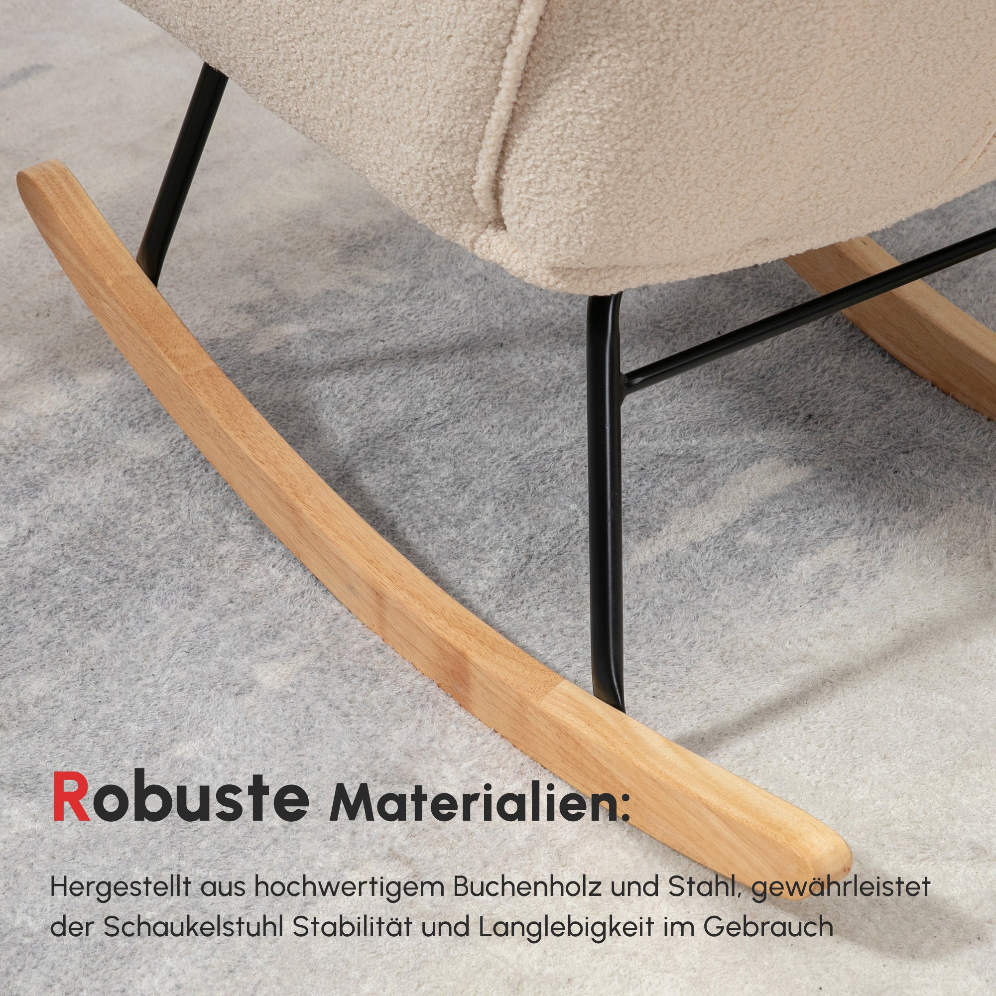 HOMCOM Schaukelstuhl im Retro-Design, Massivholz, Sessel, Relaxsessel, 98 cm x  71 cm x 101 cm, Beige