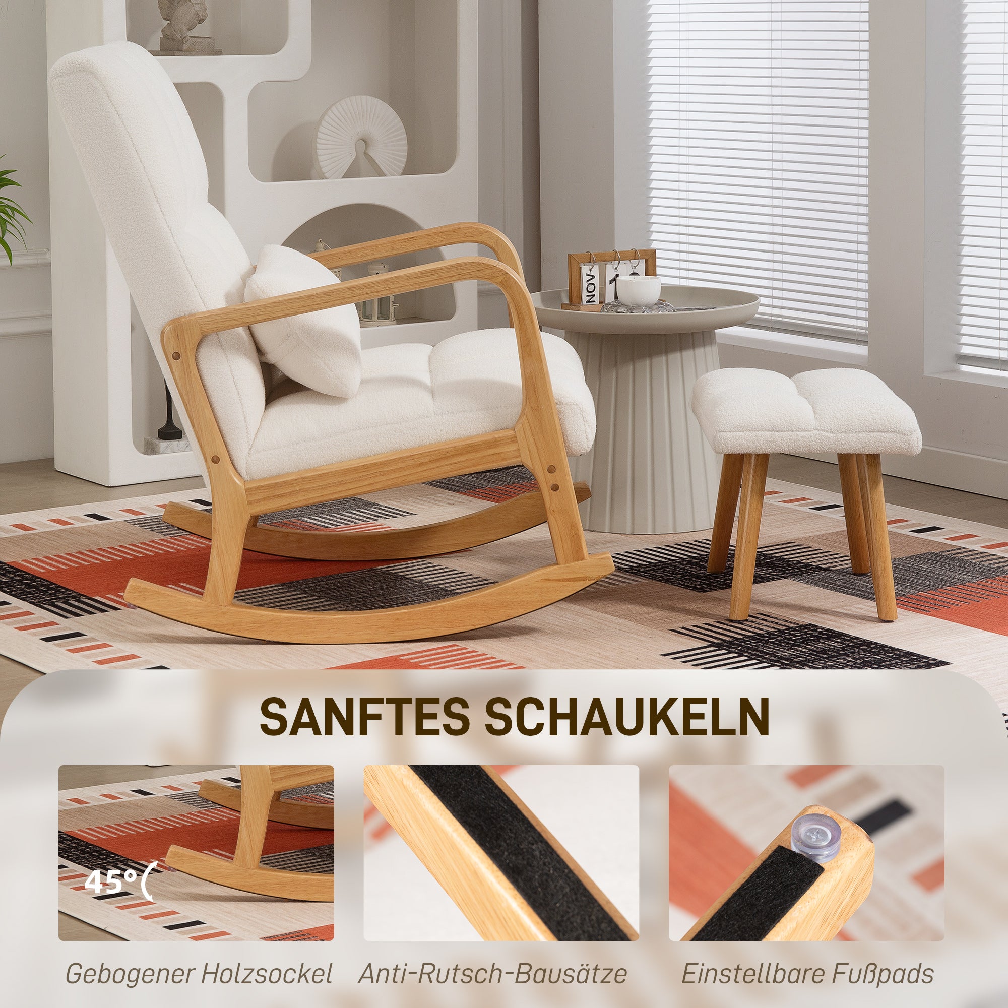 HOMCOM Schaukelstuhl mit Fußhocker, Fleece-Bezug, Hohe Rückenlehne, Holzbeine, Fußpads, Weiß