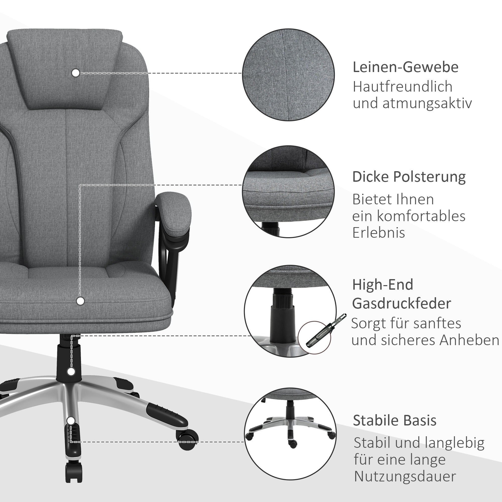 Vinsetto Bürostuhl Schreibtischstuhl Chefsessel, höhenverstellbar, Wippfunktion, 6 cm x 75 cm x 120 cm, Grau