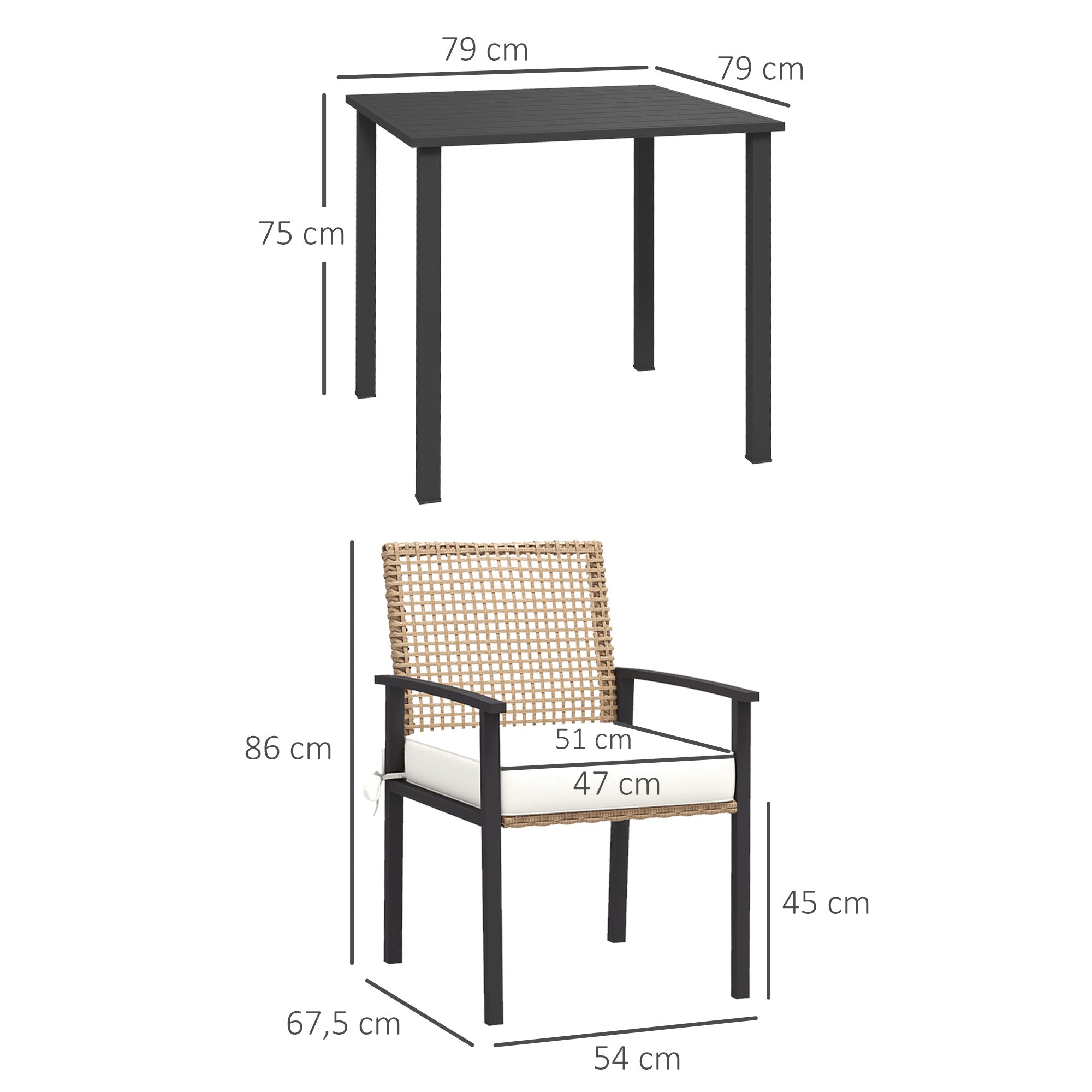 Outsunny Gartengarnitur, 5-teilig, Tisch, 4 Stühle mit Sitzkissen, Metallrahmen, Rattandekor, Natur