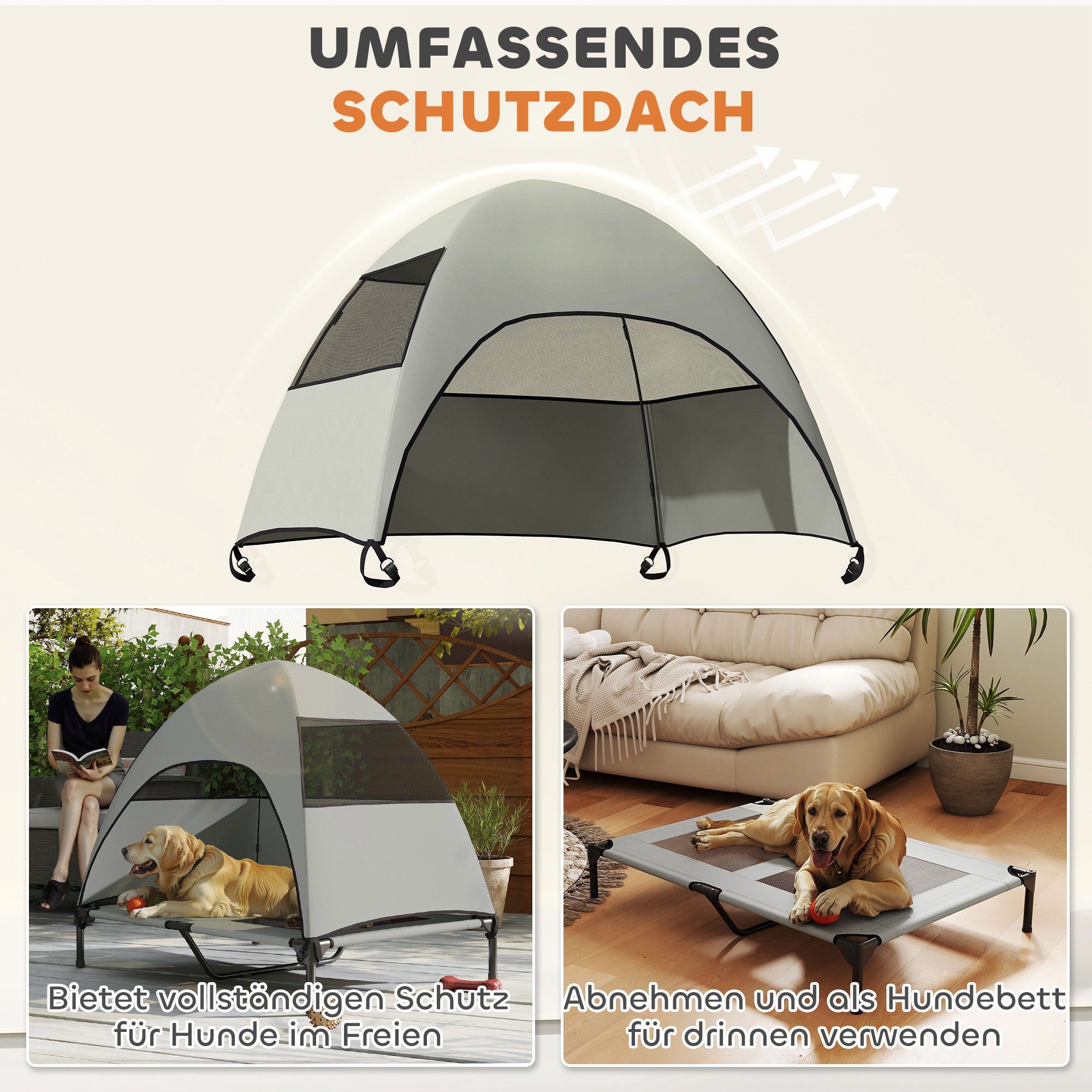 PawHut Hundeliege Outdoor mit Dach, Erhöhtes Hundebett für Große Hunde, 106 x 76 x 99 cm, Hellgrau
