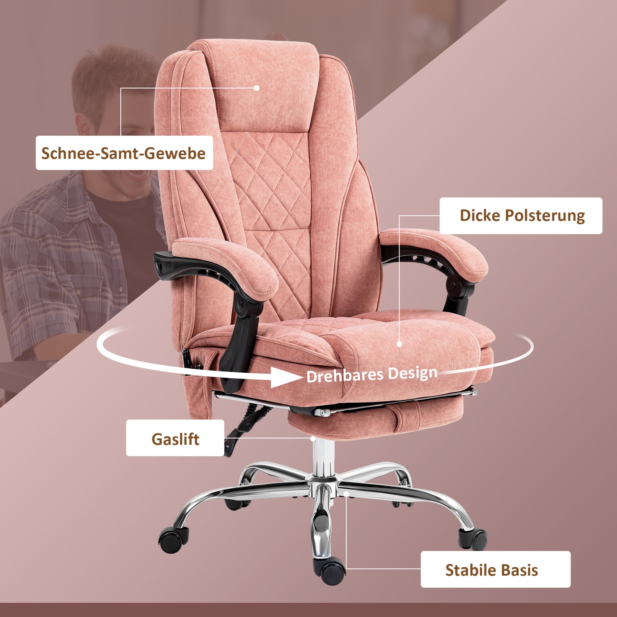 Vinsetto Ergonomischer Bürostuhl mit Massagefunktion, Fußstütze, drehbar, rollbar, Rosa