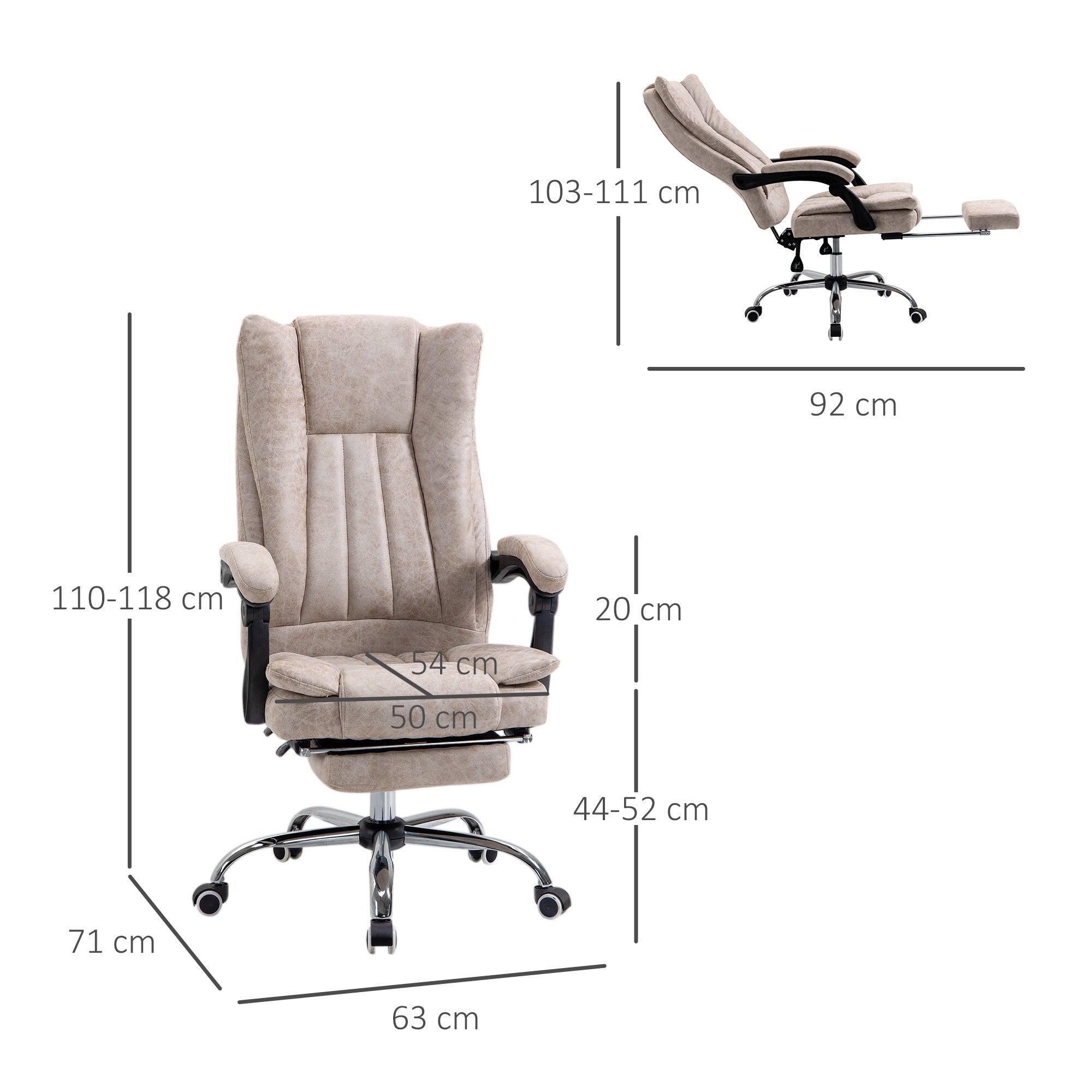 Vinsetto Bürostuhl Drehstuhl mit Liegefunktion Fußstütze Bürosessel Sitzhöhenverstellung Stuhl Schreibtischstuhl Mikrofaser Kunststoff Metall Nylon Beige+Schwarz+Silber 63 x 71 x 110-118 cm